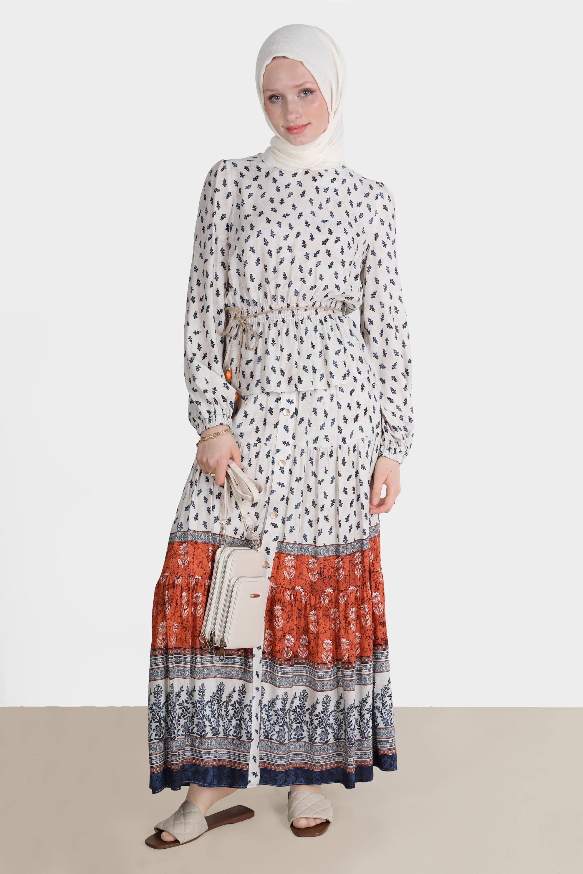 Tesettür giyim TABA ETNİK DESENLİ İKİLİ ETEKLİ TAKIM 42643 