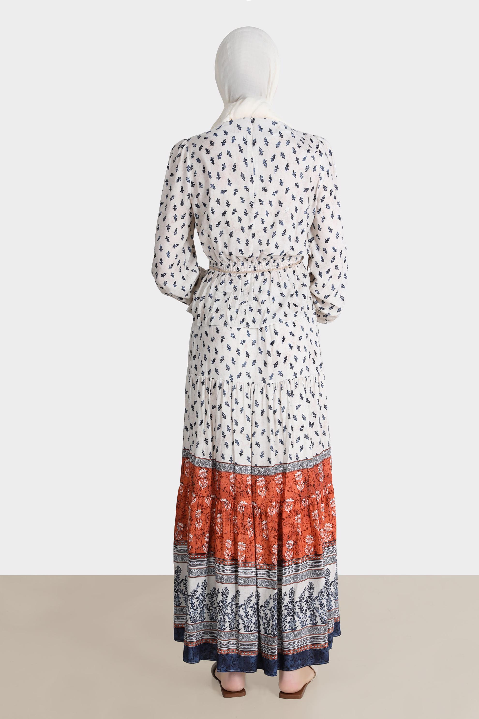 Tesettür giyim TABA ETNİK DESENLİ İKİLİ ETEKLİ TAKIM 42643 