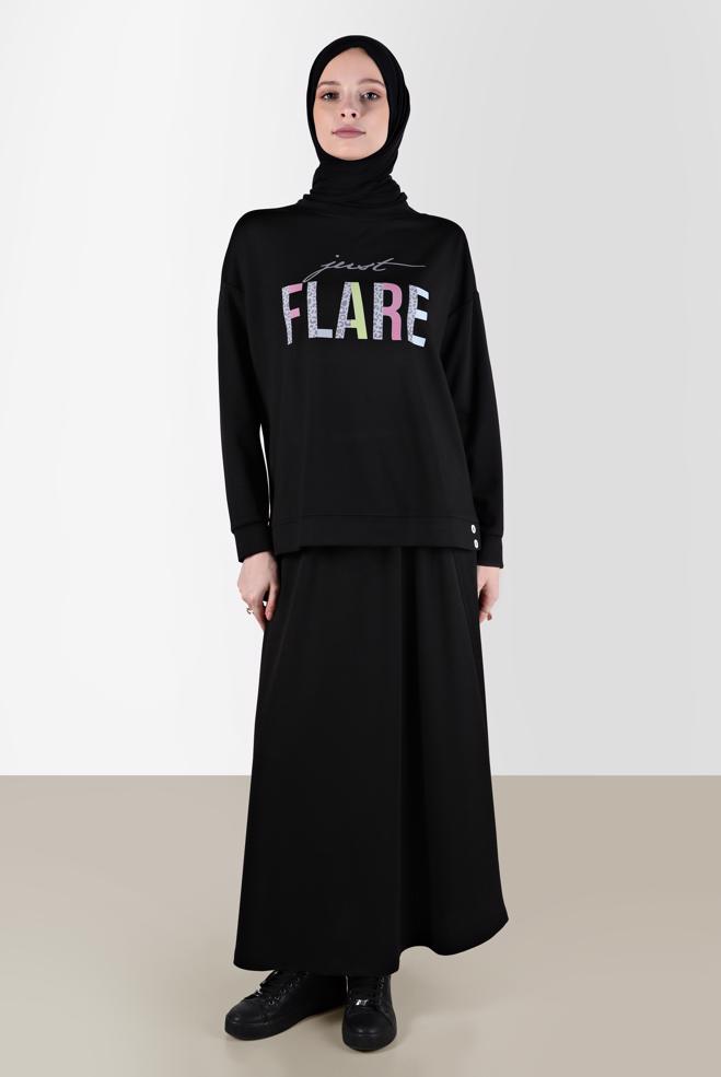 Tesettür giyim  YAZI BASKILI İKİLİ ETEKLİ TAKIM 42657  - ALVİNA