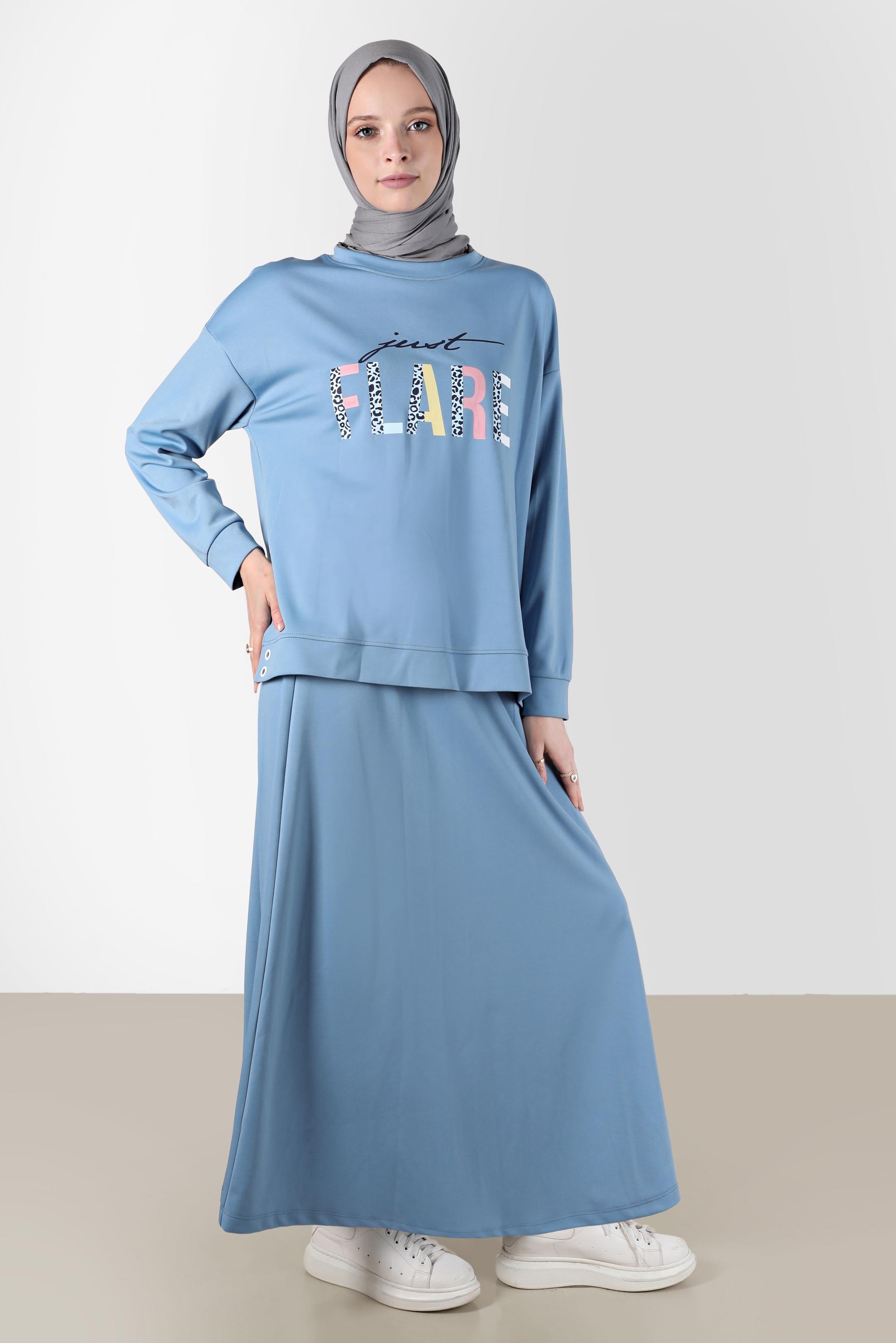 Tesettür giyim MAVİ YAZI BASKILI İKİLİ ETEKLİ TAKIM 42657 