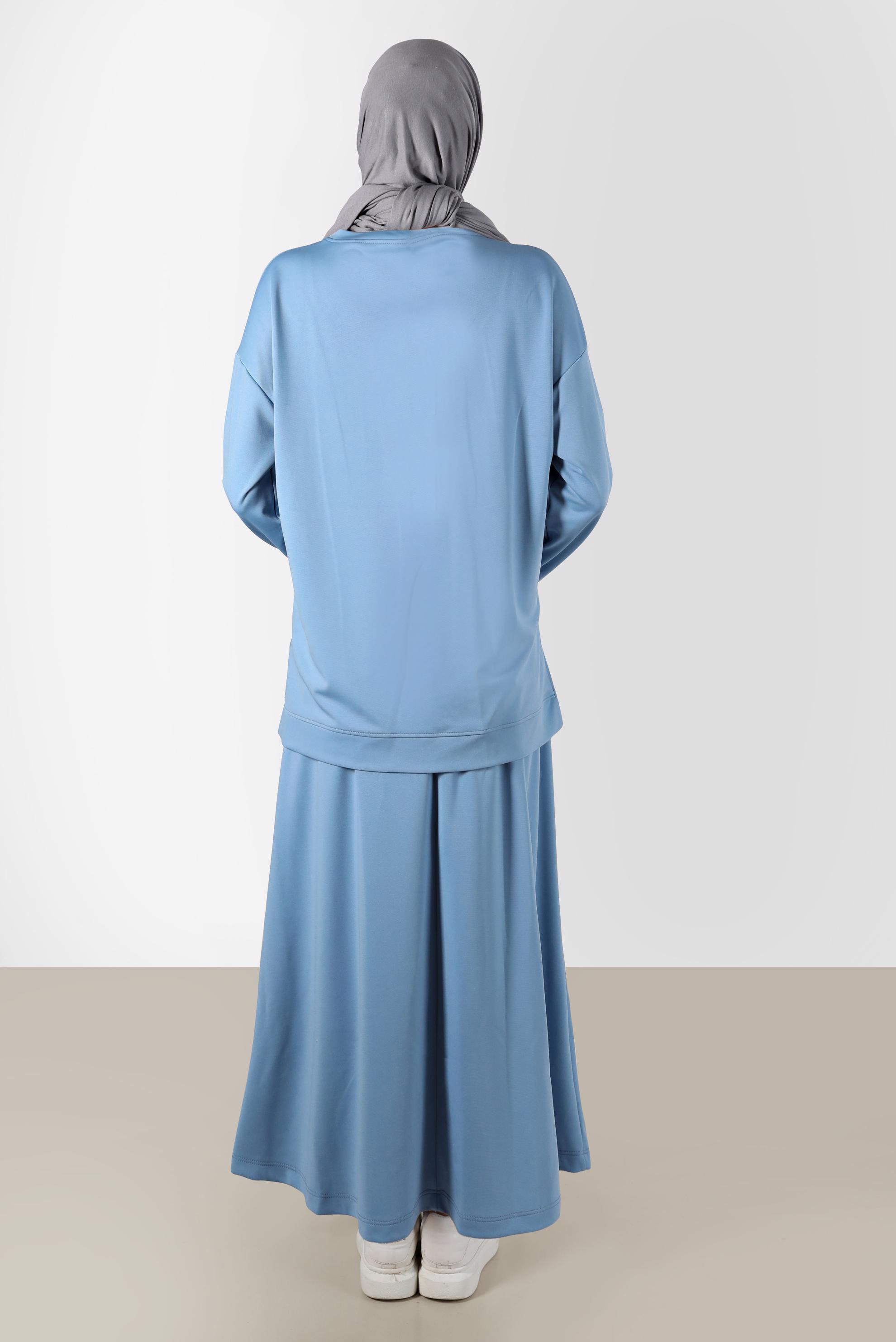 Tesettür giyim MAVİ YAZI BASKILI İKİLİ ETEKLİ TAKIM 42657 