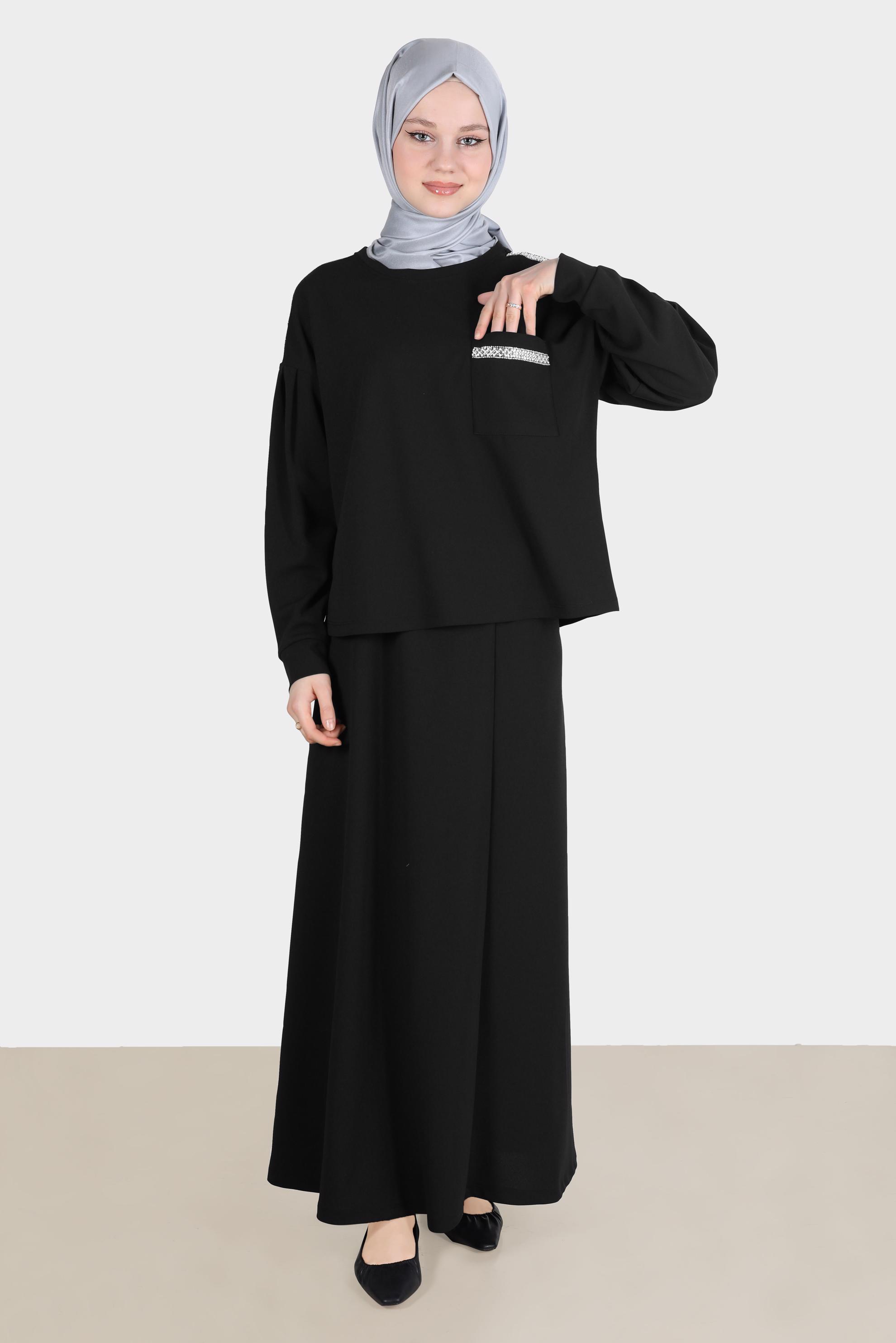 Tesettür giyim SİYAH TAŞLI CEP DETAYLI İKİLİ ETEKLİ TAKIM 42658 
