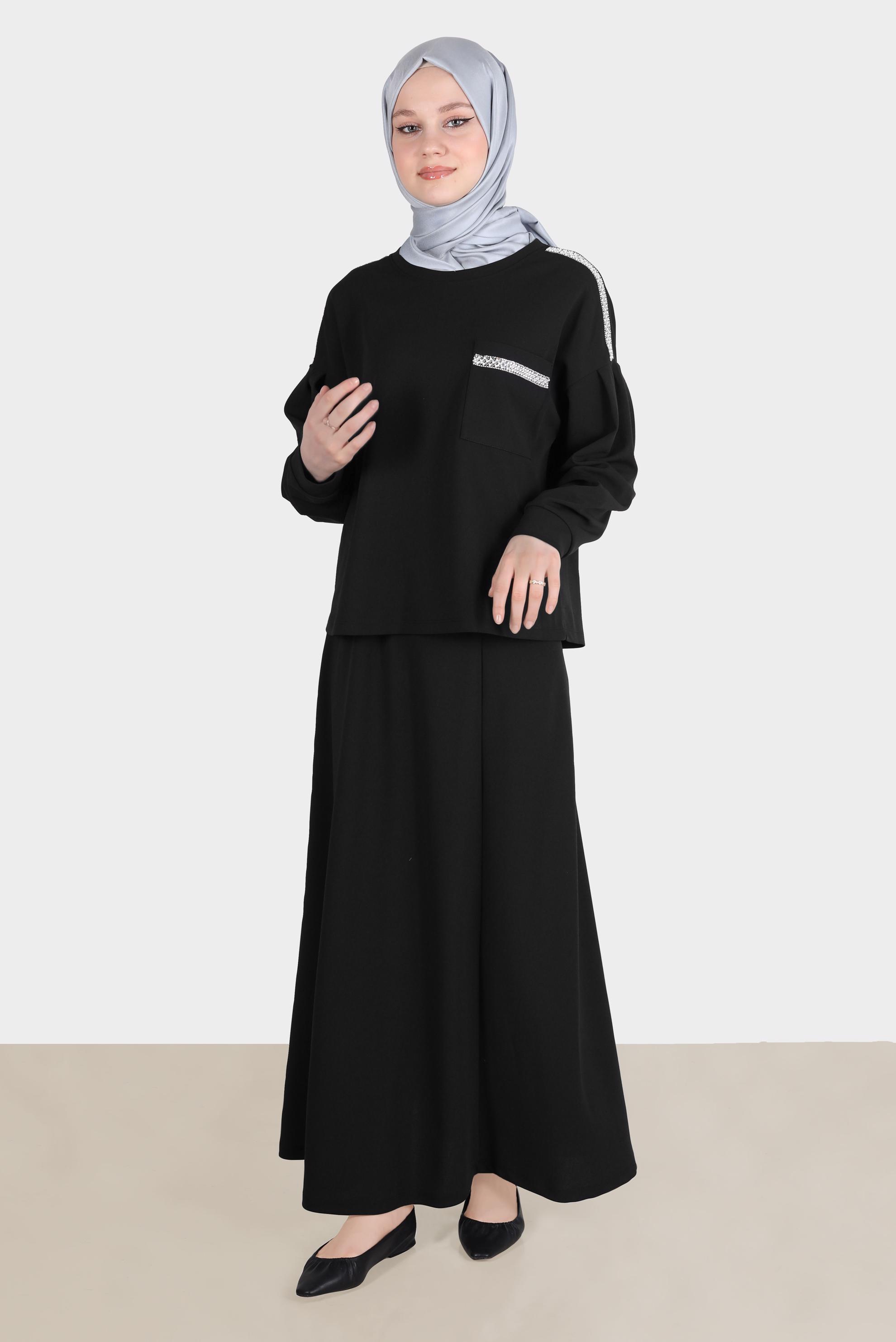 Tesettür giyim SİYAH TAŞLI CEP DETAYLI İKİLİ ETEKLİ TAKIM 42658 