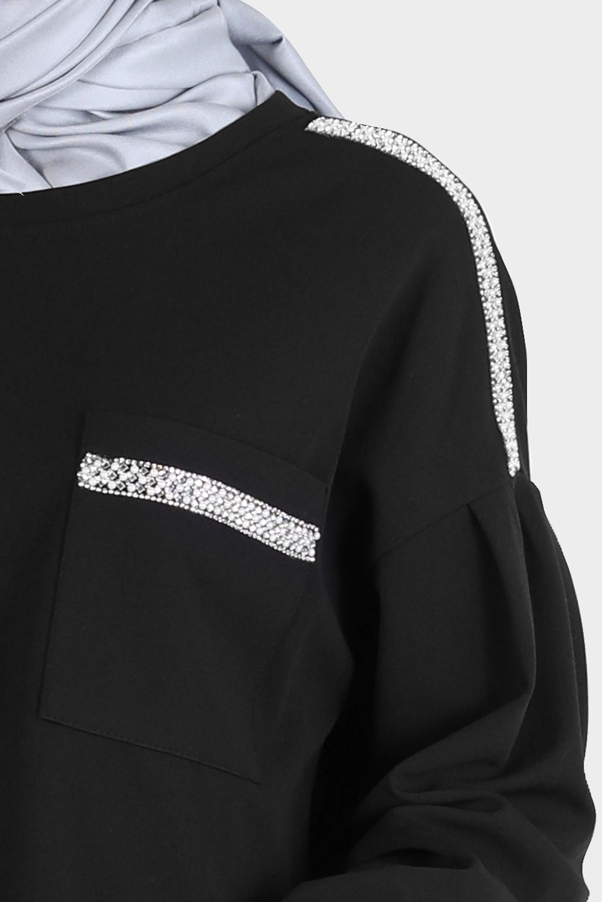 Tesettür giyim SİYAH TAŞLI CEP DETAYLI İKİLİ ETEKLİ TAKIM 42658 