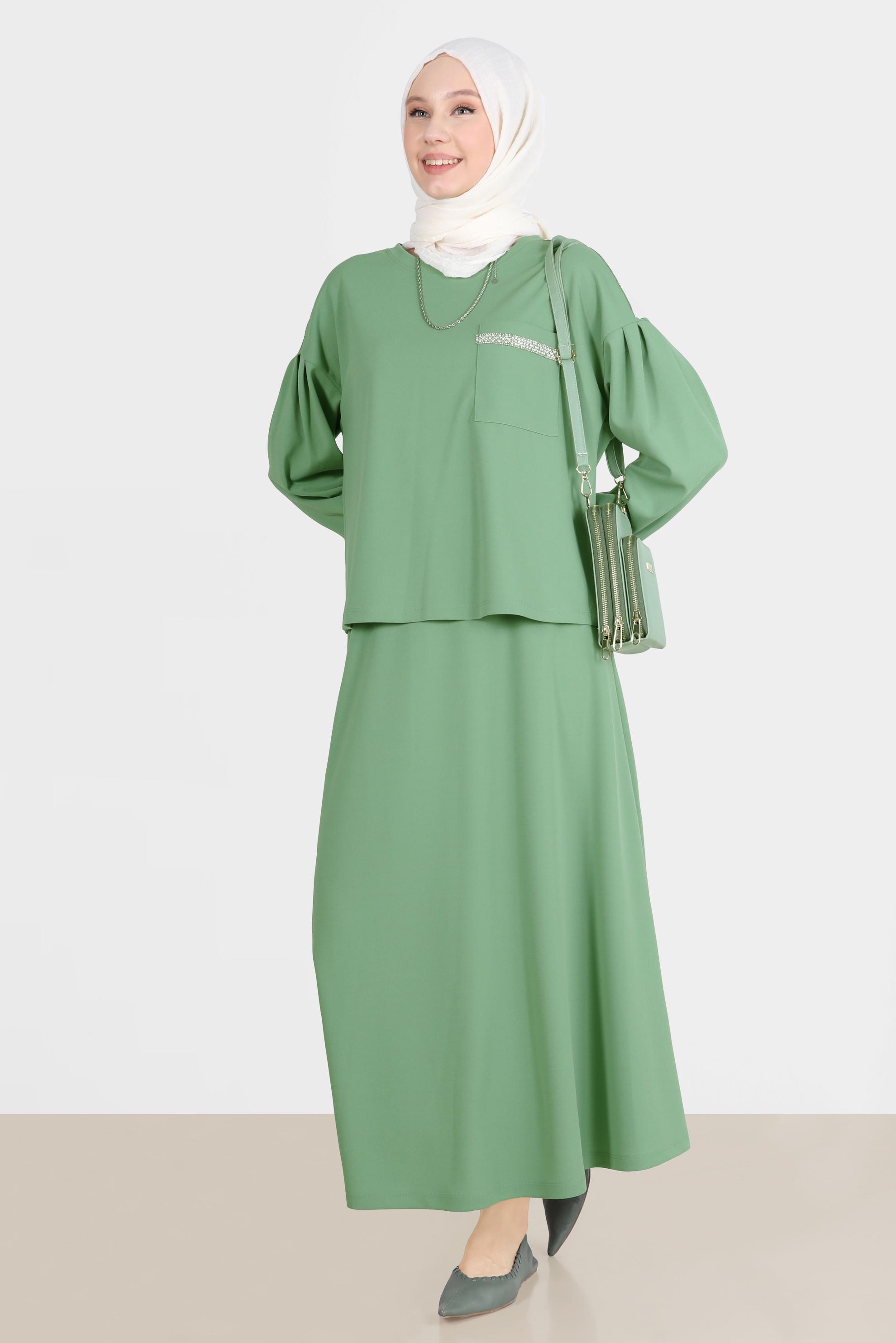 Tesettür giyim YEŞİL TAŞLI CEP DETAYLI İKİLİ ETEKLİ TAKIM 42658 