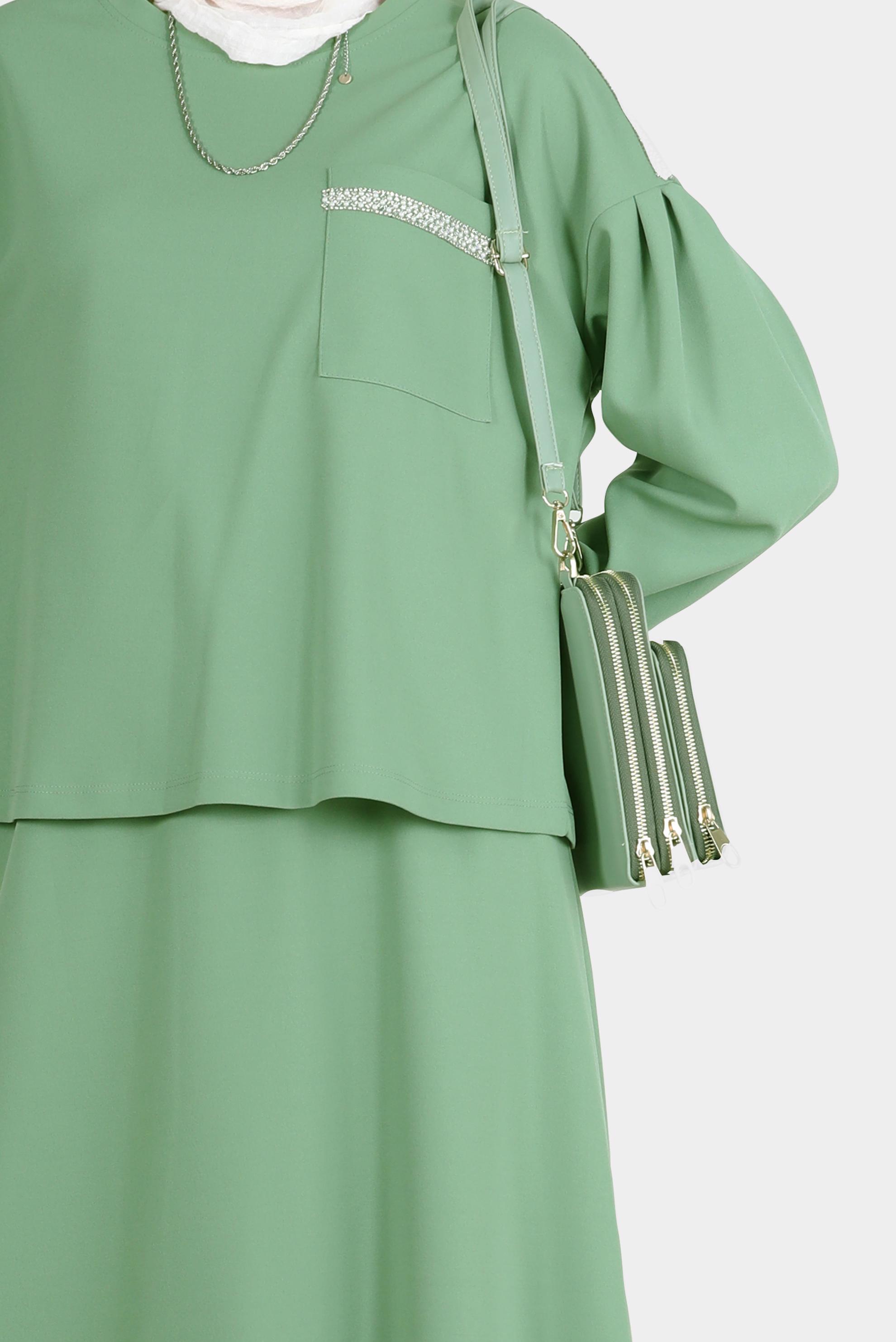 Tesettür giyim YEŞİL TAŞLI CEP DETAYLI İKİLİ ETEKLİ TAKIM 42658 