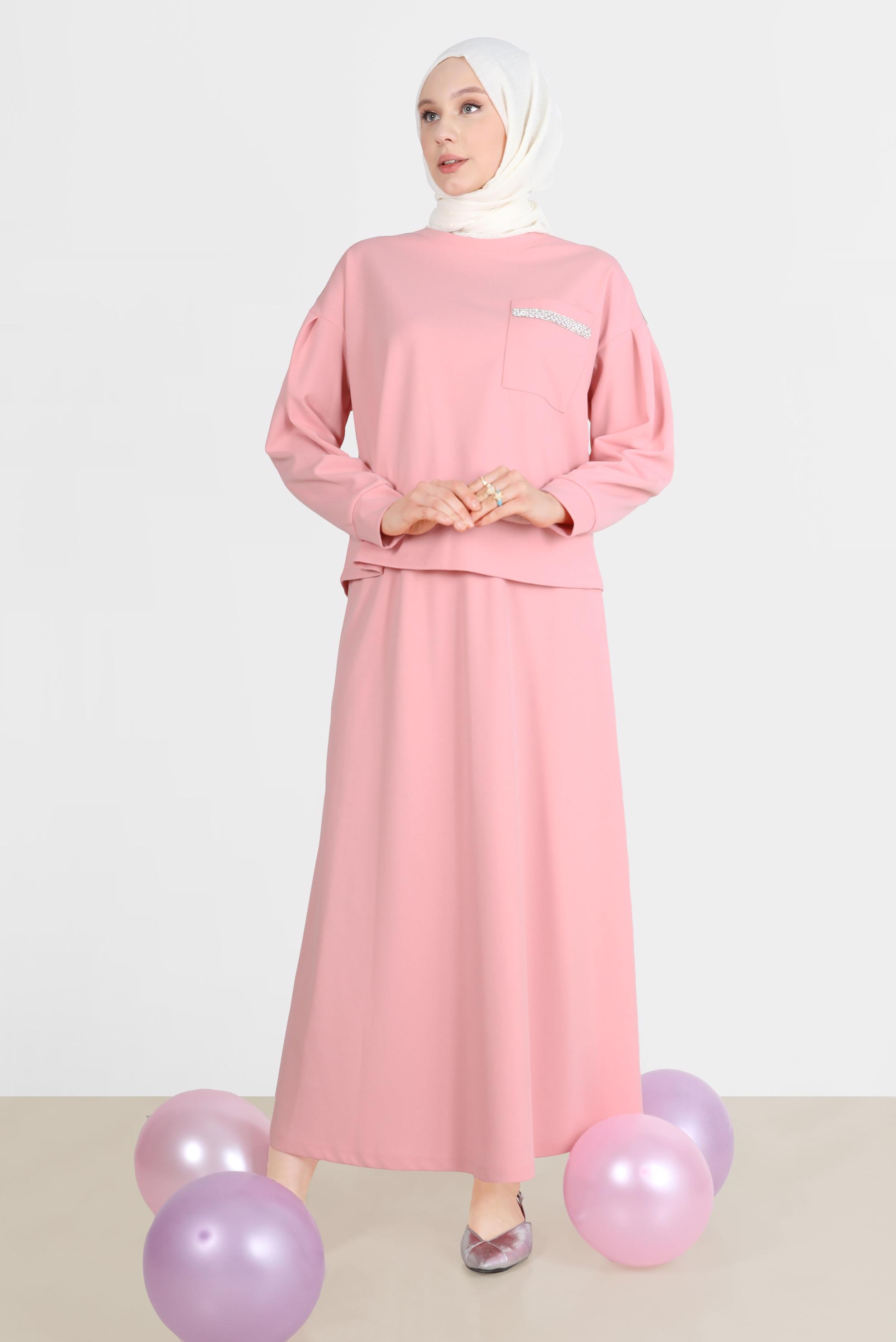 Tesettür giyim PUDRA TAŞLI CEP DETAYLI İKİLİ ETEKLİ TAKIM 42658 