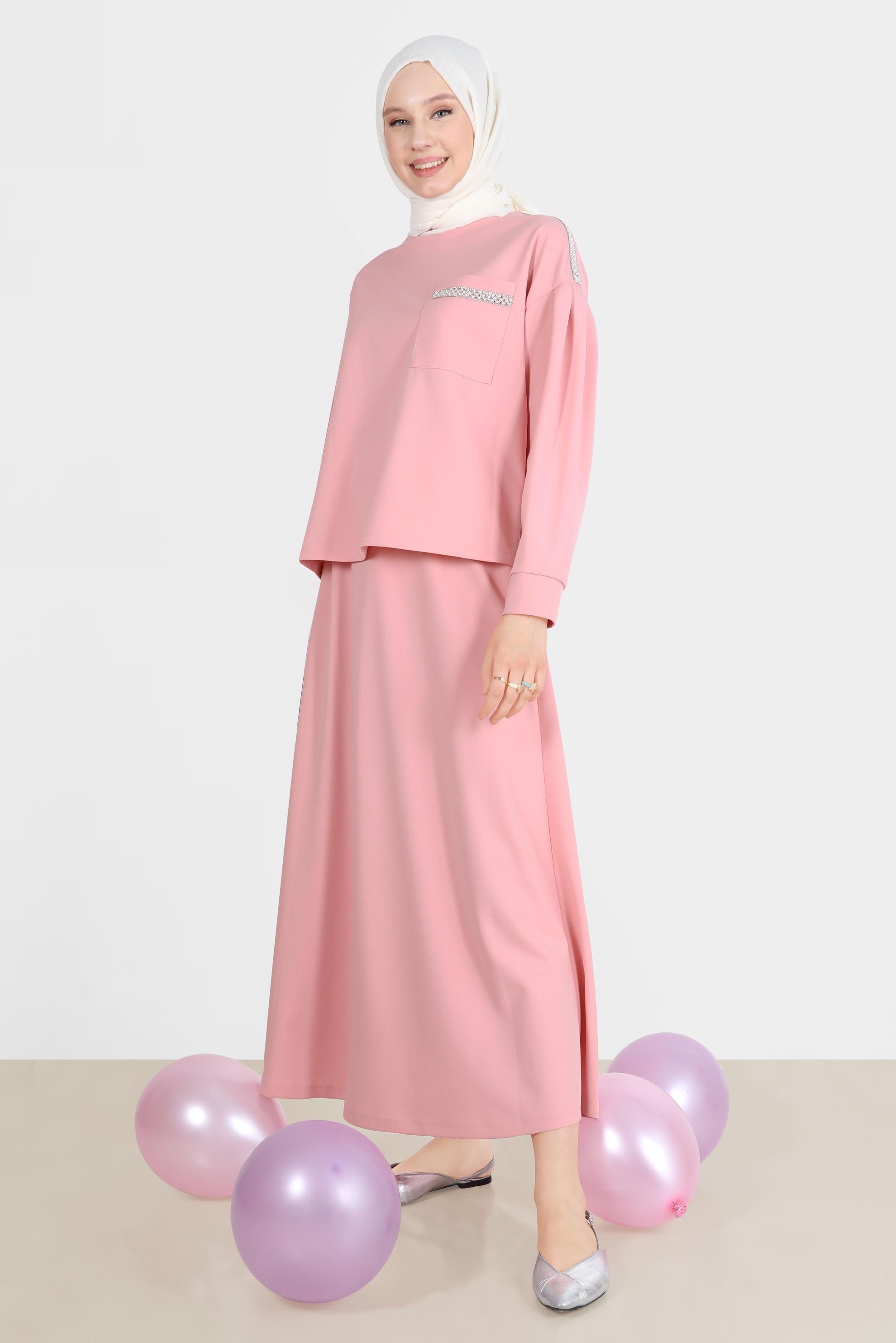 Tesettür giyim PUDRA TAŞLI CEP DETAYLI İKİLİ ETEKLİ TAKIM 42658 