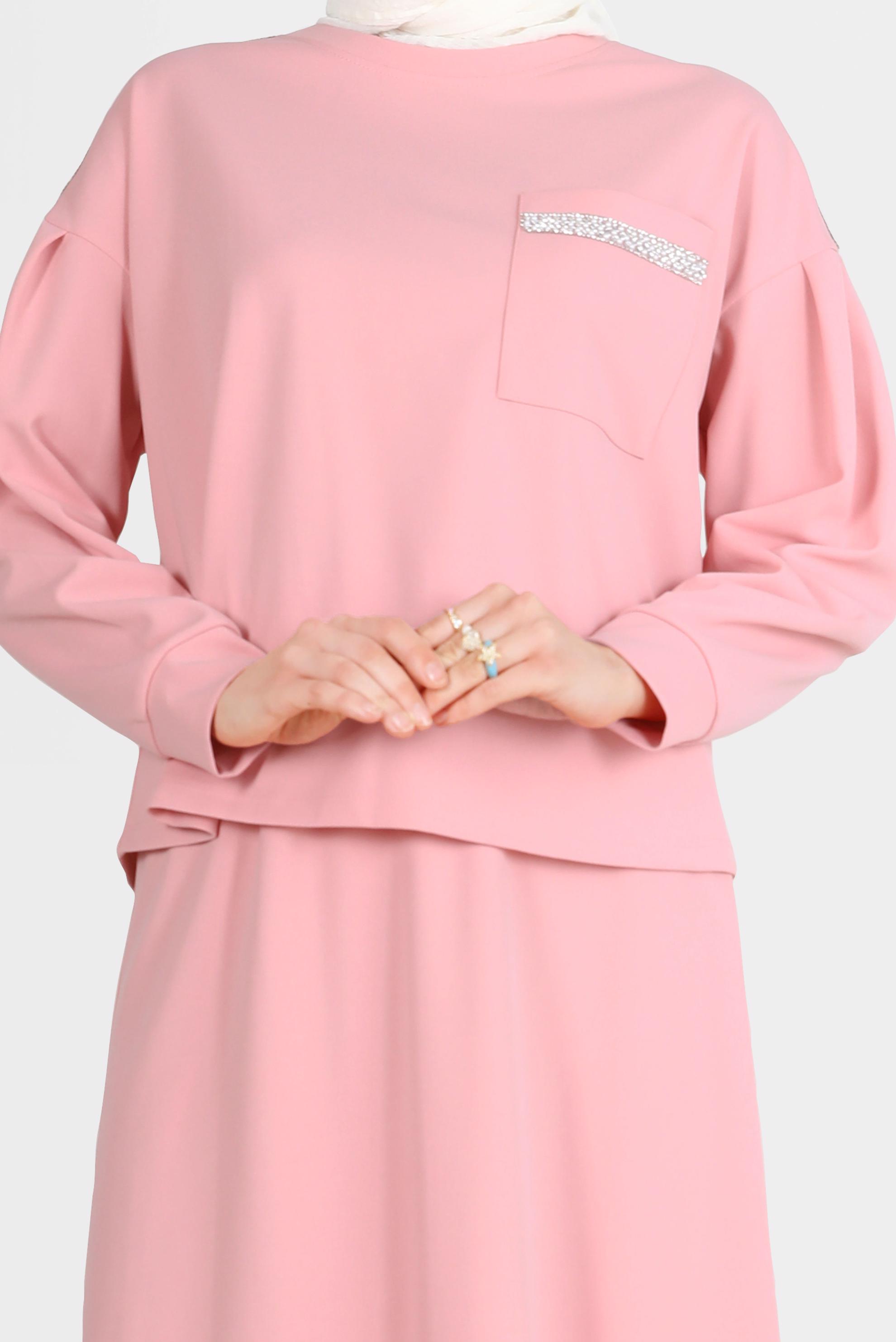 Tesettür giyim PUDRA TAŞLI CEP DETAYLI İKİLİ ETEKLİ TAKIM 42658 