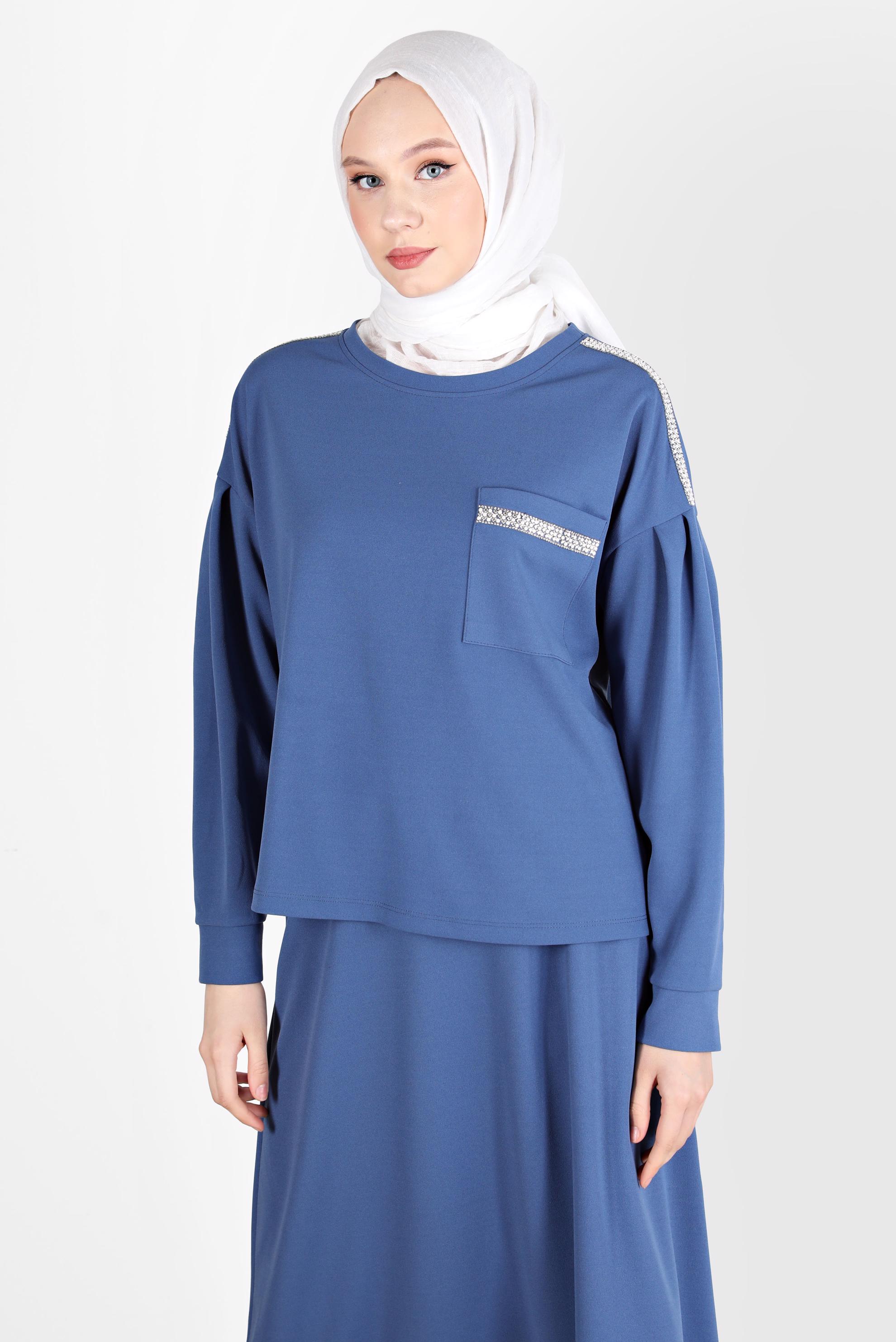Tesettür giyim LACİVERT TAŞLI CEP DETAYLI İKİLİ ETEKLİ TAKIM 42658 