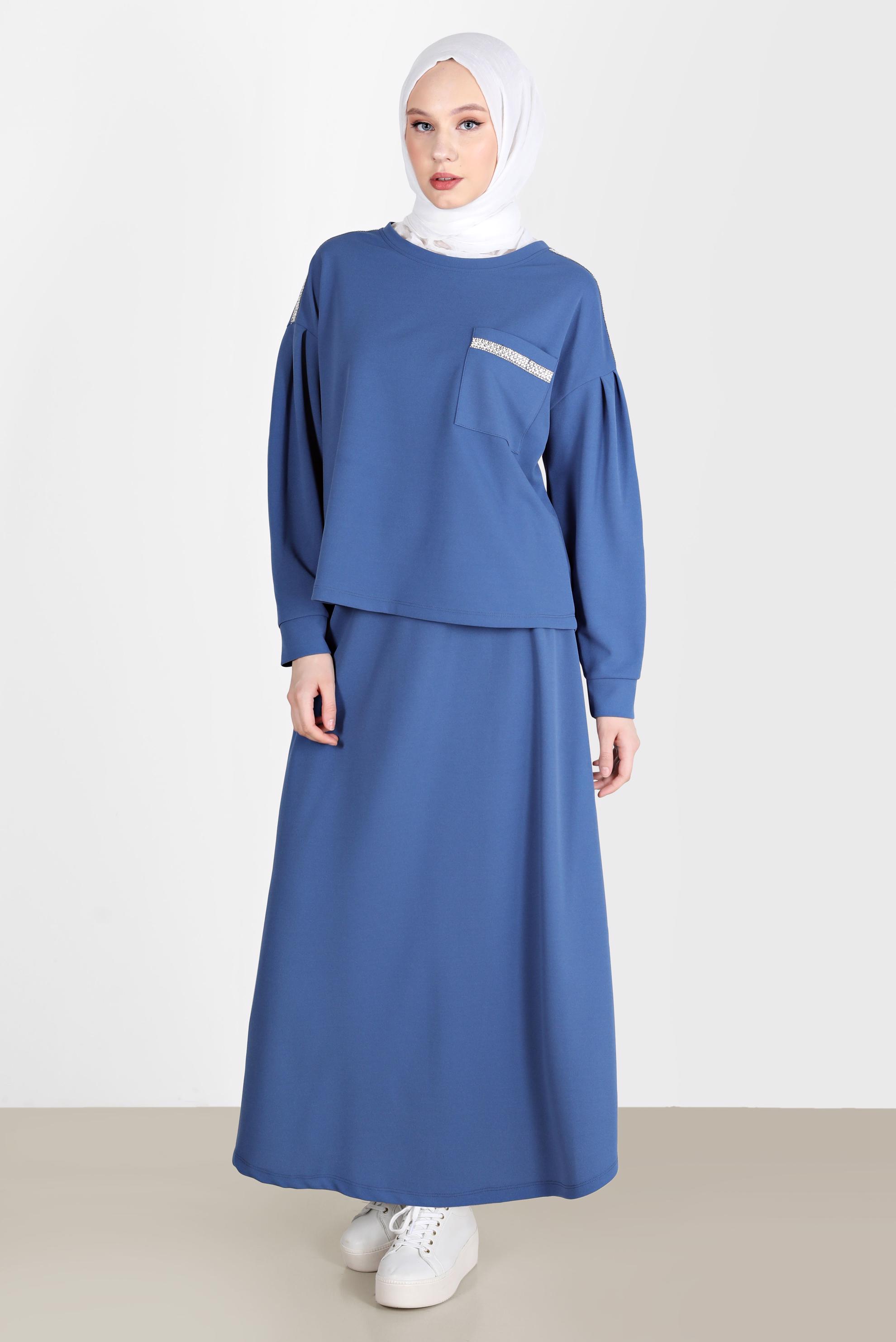 Tesettür giyim LACİVERT TAŞLI CEP DETAYLI İKİLİ ETEKLİ TAKIM 42658 