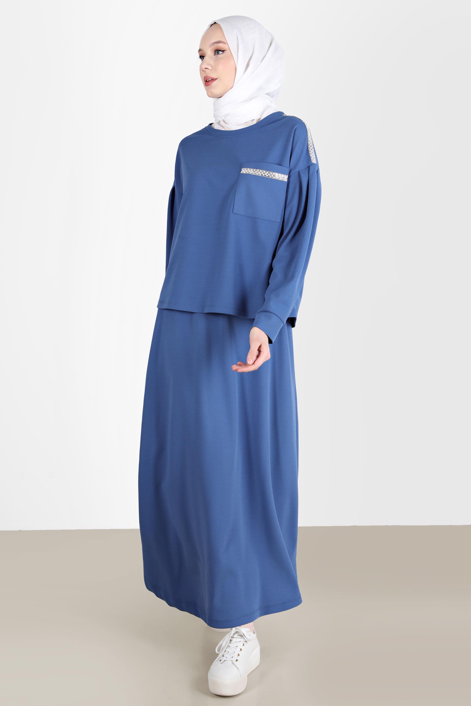Tesettür giyim LACİVERT TAŞLI CEP DETAYLI İKİLİ ETEKLİ TAKIM 42658 