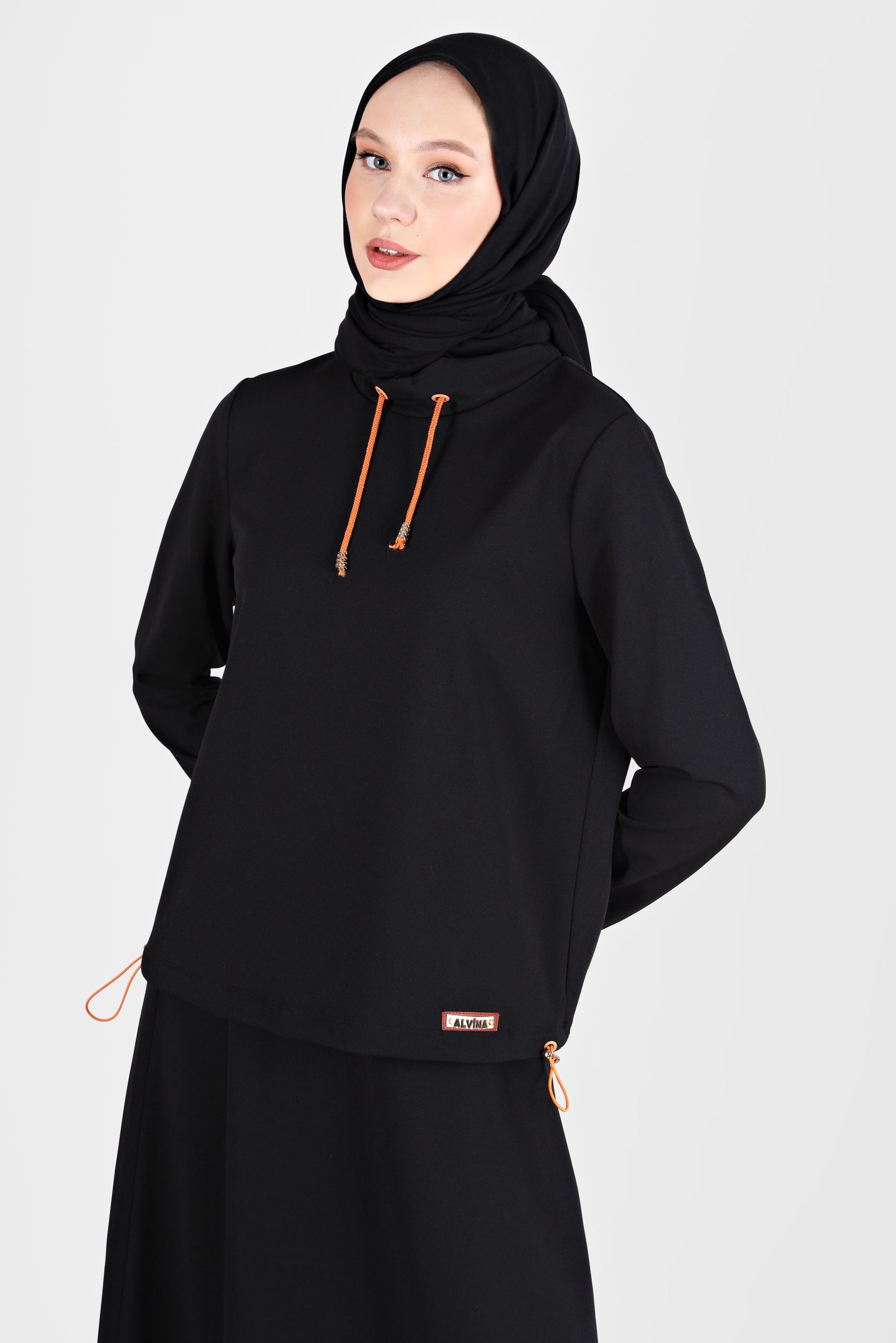 Tesettür giyim SİYAH DİK YAKA BAĞCIKLI İKİLİ ETEKLİ TAKIM 42659 