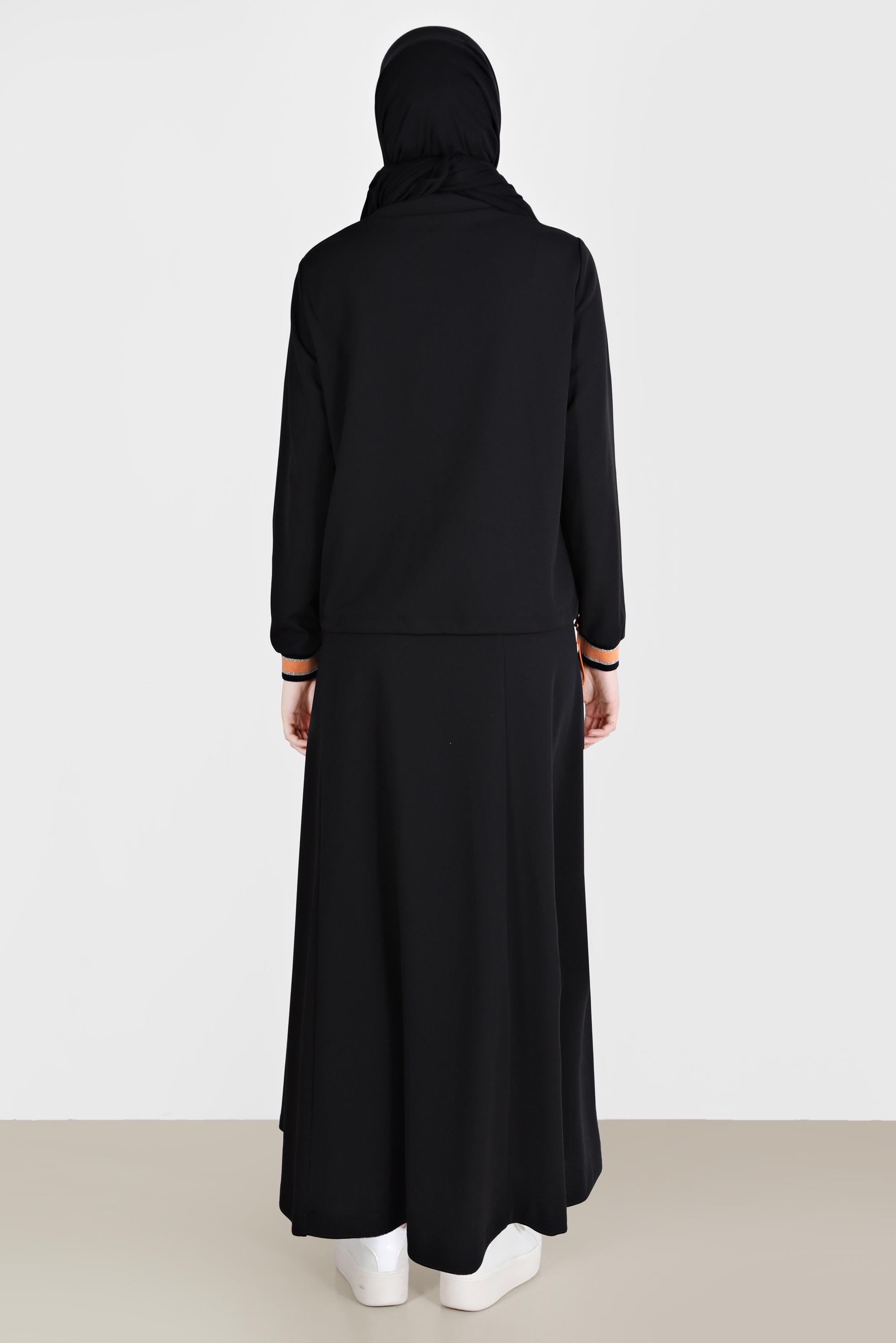 Tesettür giyim SİYAH DİK YAKA BAĞCIKLI İKİLİ ETEKLİ TAKIM 42659 