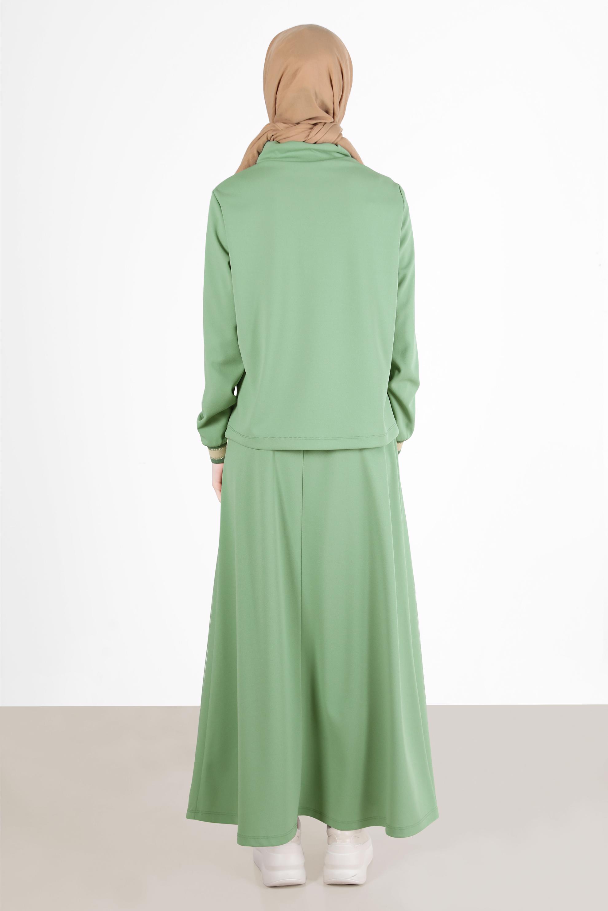 Tesettür giyim YEŞİL DİK YAKA BAĞCIKLI İKİLİ ETEKLİ TAKIM 42659 