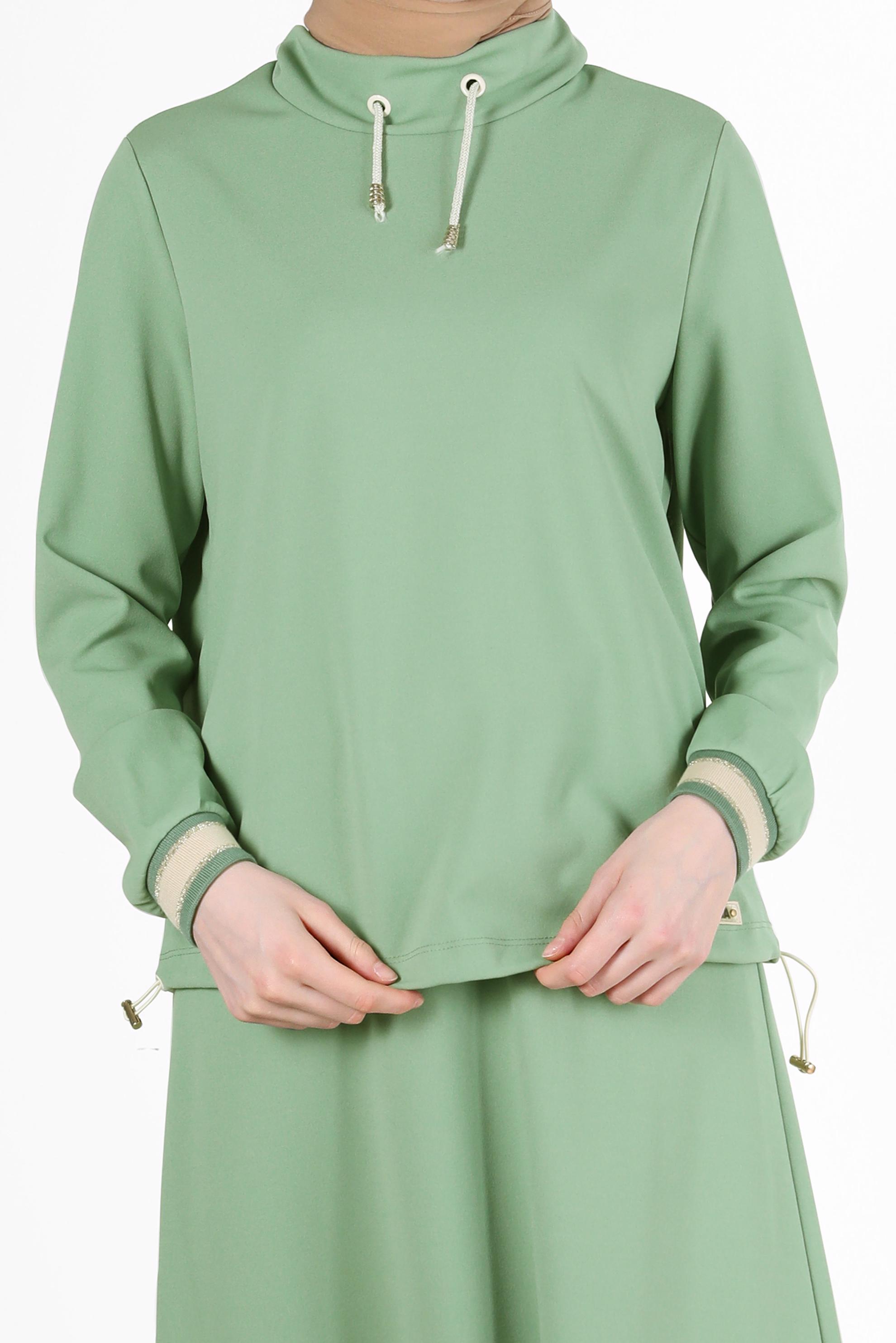 Tesettür giyim YEŞİL DİK YAKA BAĞCIKLI İKİLİ ETEKLİ TAKIM 42659 