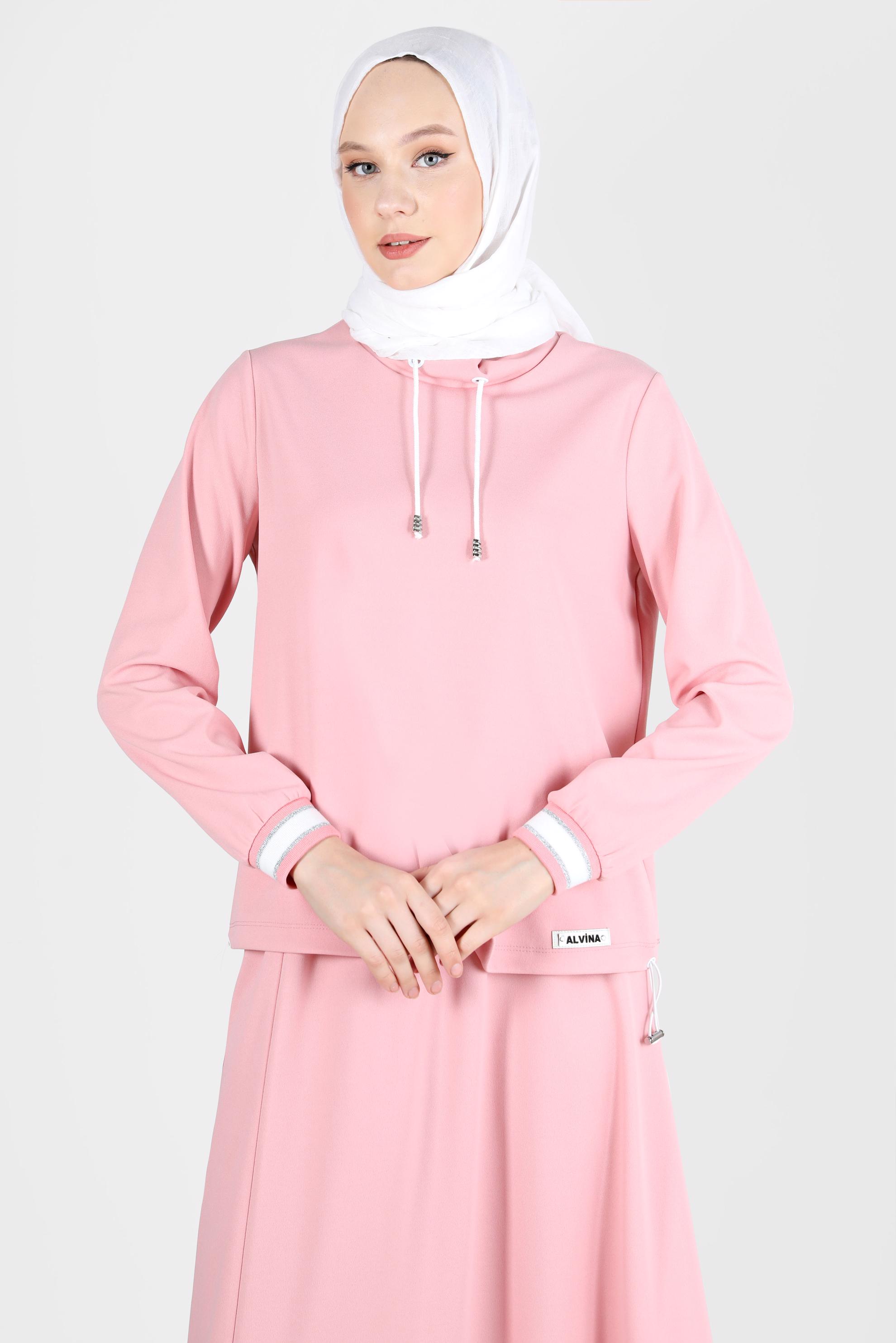 Tesettür giyim PUDRA DİK YAKA BAĞCIKLI İKİLİ ETEKLİ TAKIM 42659 