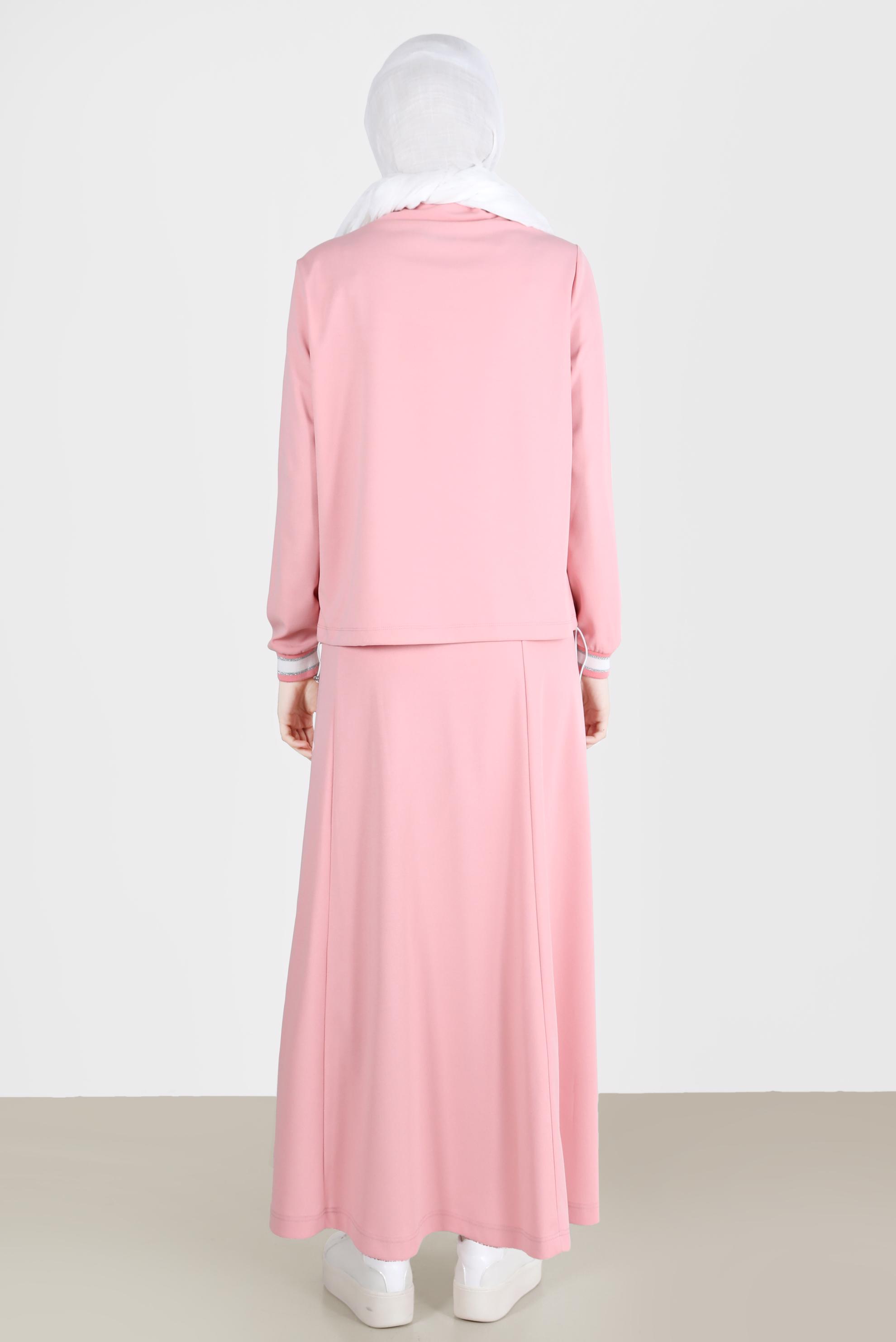 Tesettür giyim PUDRA DİK YAKA BAĞCIKLI İKİLİ ETEKLİ TAKIM 42659 