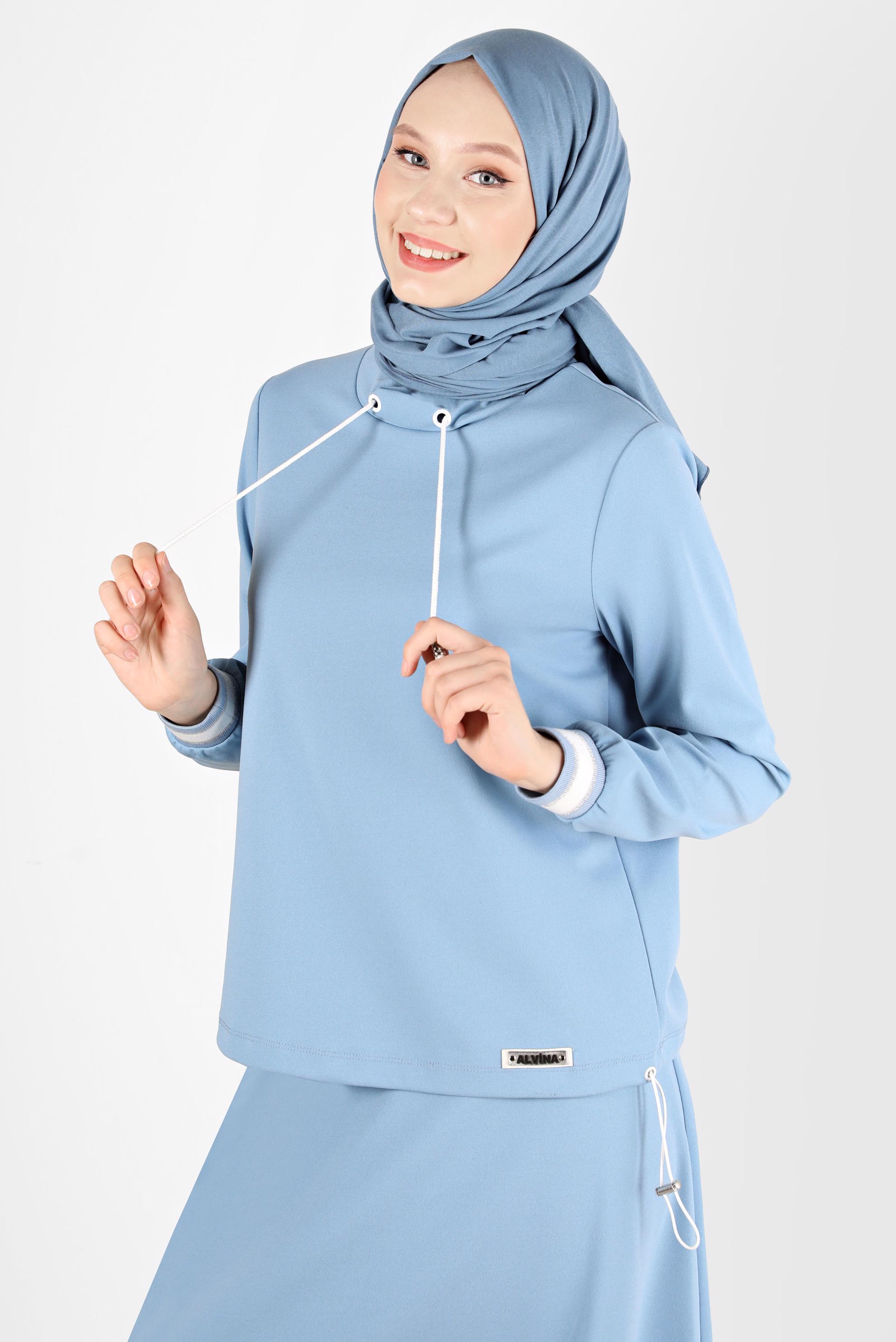 Tesettür giyim MAVİ DİK YAKA BAĞCIKLI İKİLİ ETEKLİ TAKIM 42659 