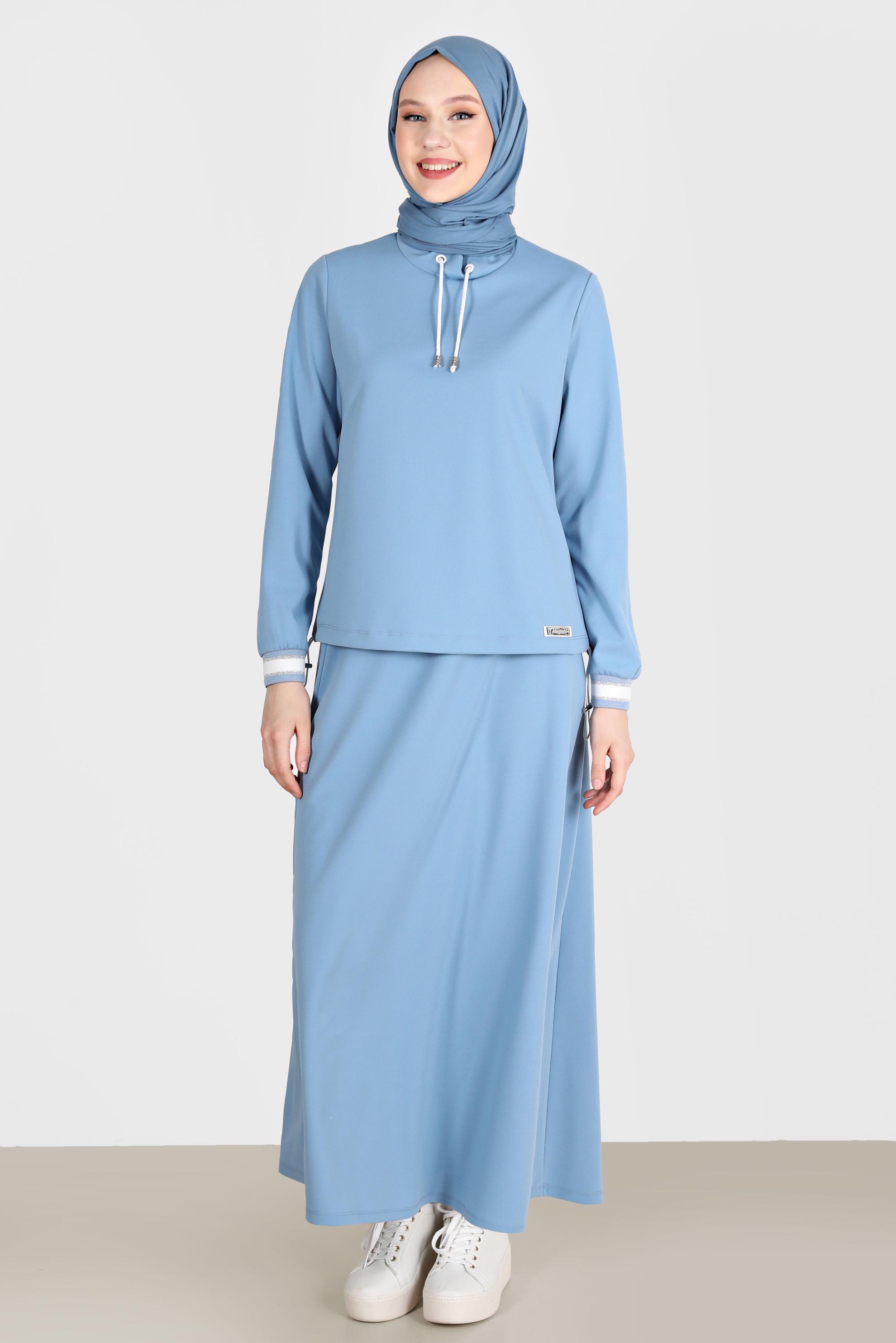 Tesettür giyim MAVİ DİK YAKA BAĞCIKLI İKİLİ ETEKLİ TAKIM 42659 