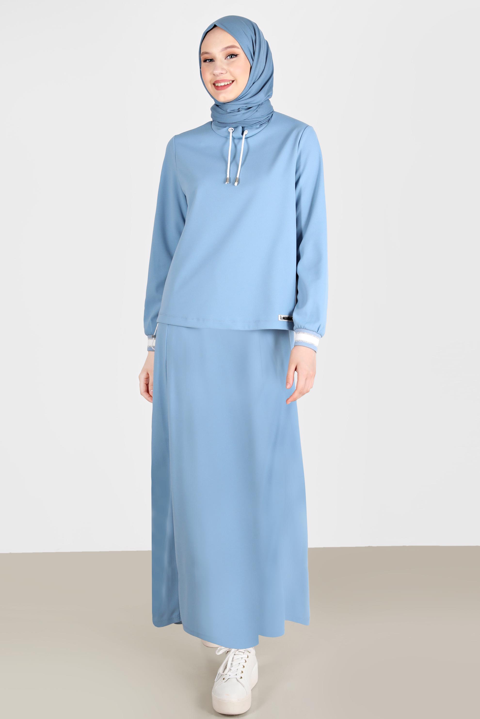Tesettür giyim MAVİ DİK YAKA BAĞCIKLI İKİLİ ETEKLİ TAKIM 42659 