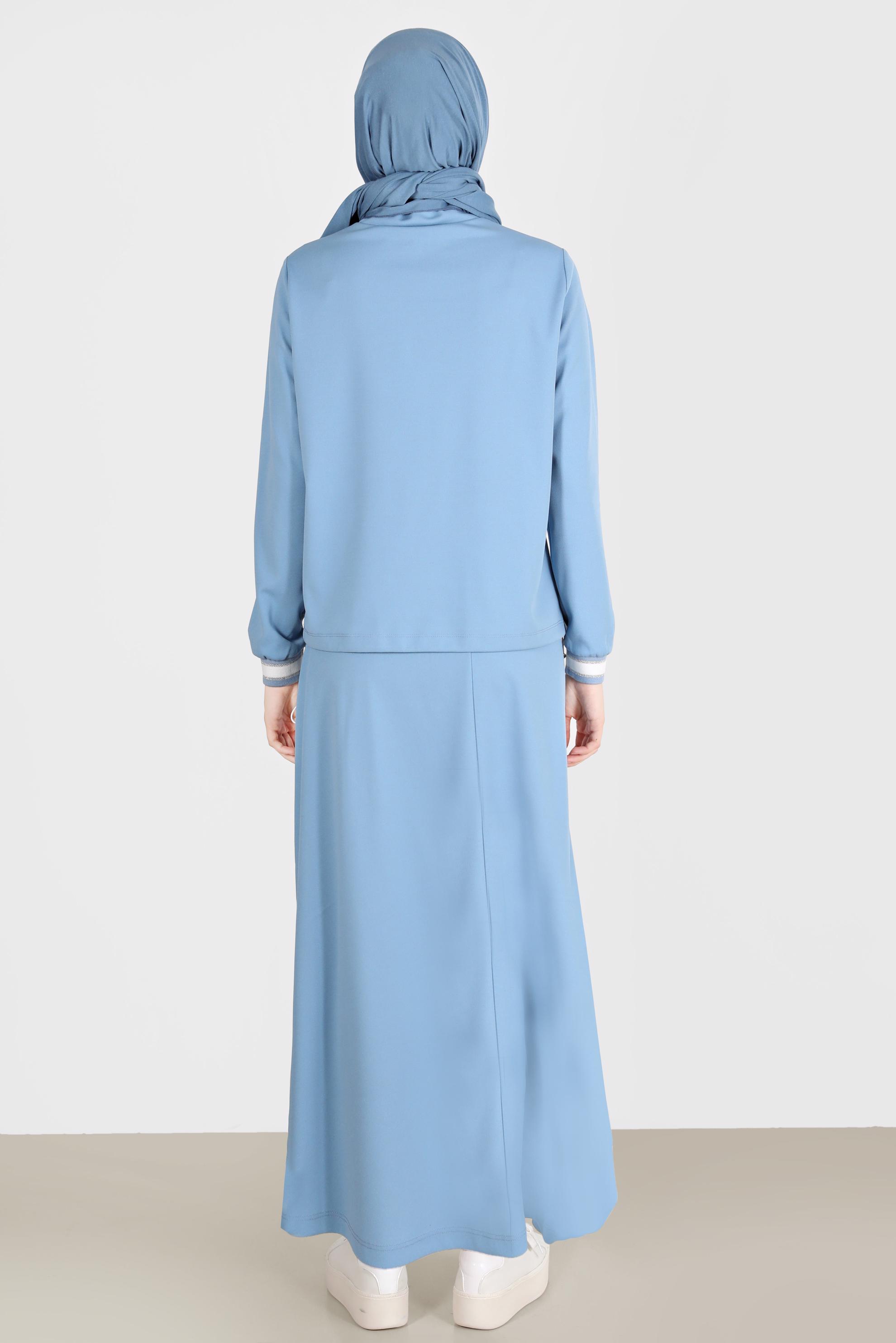 Tesettür giyim MAVİ DİK YAKA BAĞCIKLI İKİLİ ETEKLİ TAKIM 42659 