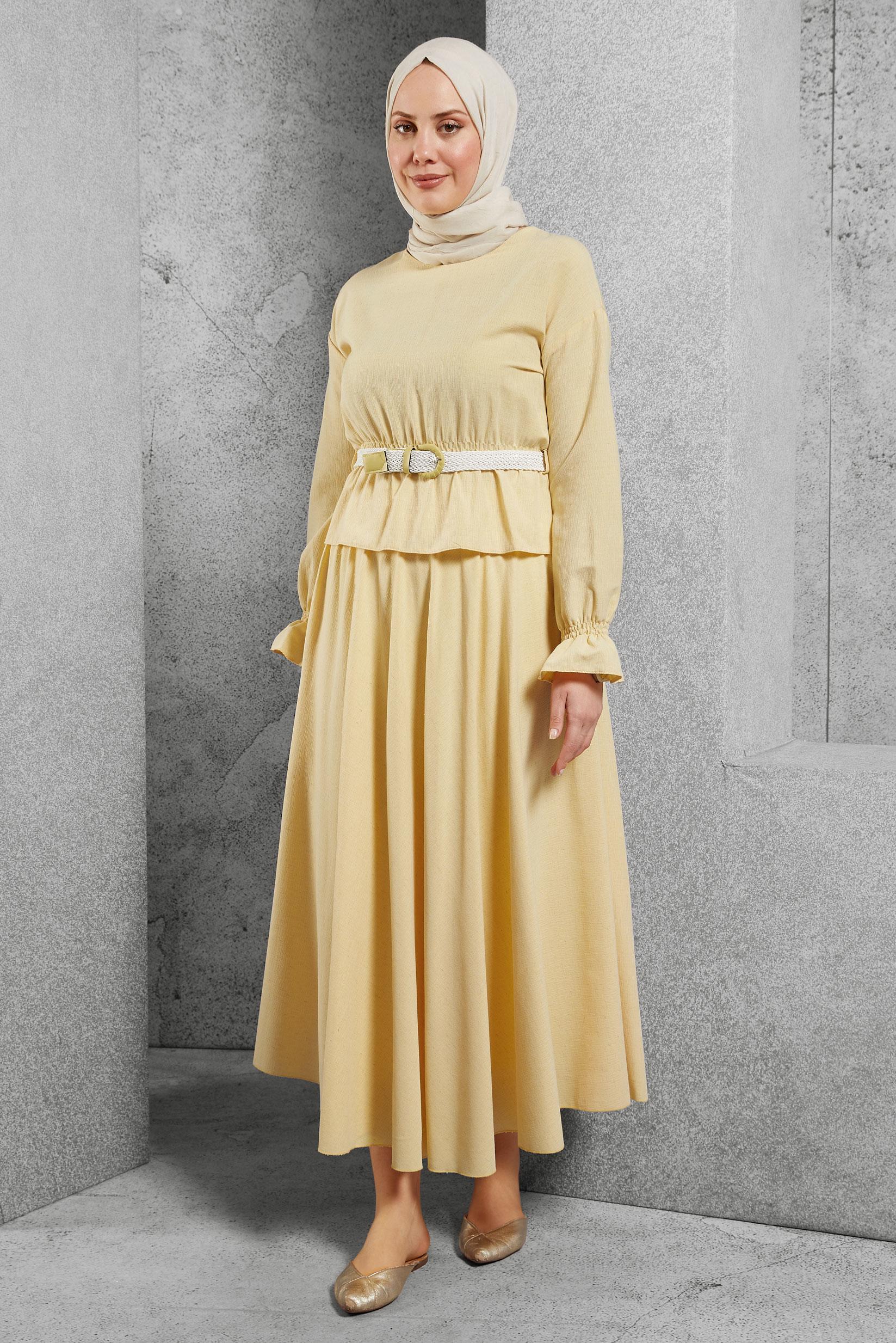 Tesettür giyim SARI KEMERLİ ETEKLİ TAKIM 42668-2