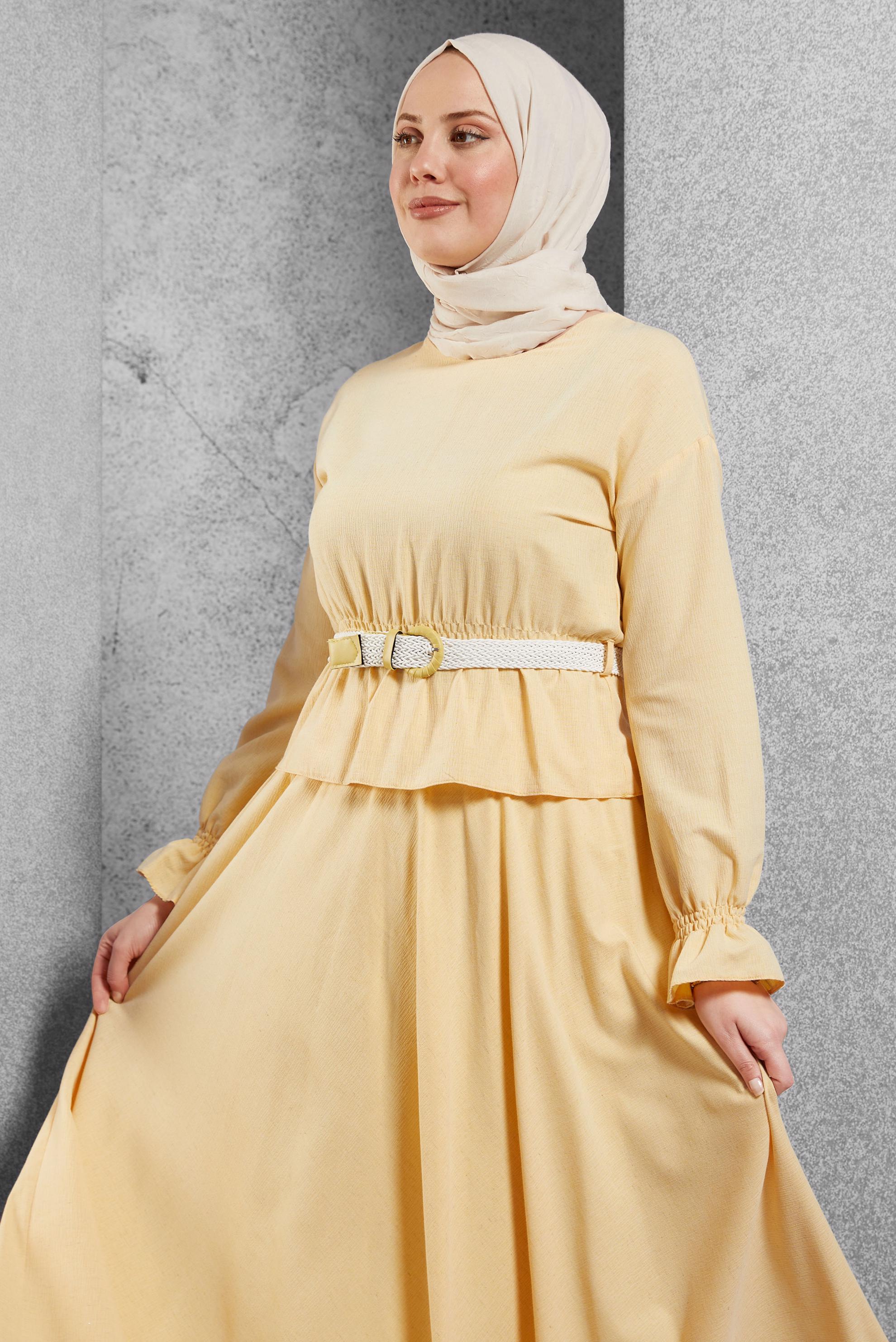Tesettür giyim SARI KEMERLİ ETEKLİ TAKIM 42668-2