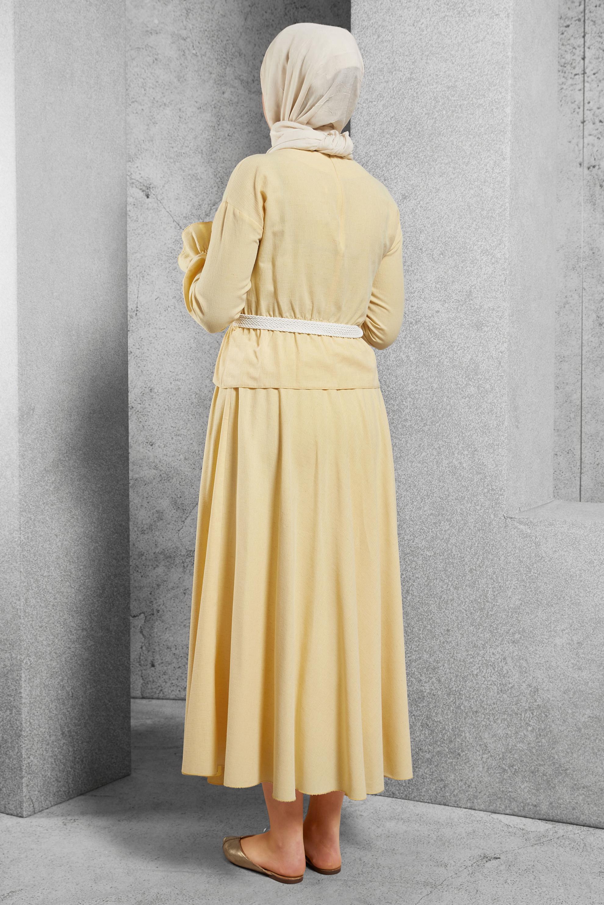 Tesettür giyim SARI KEMERLİ ETEKLİ TAKIM 42668-2