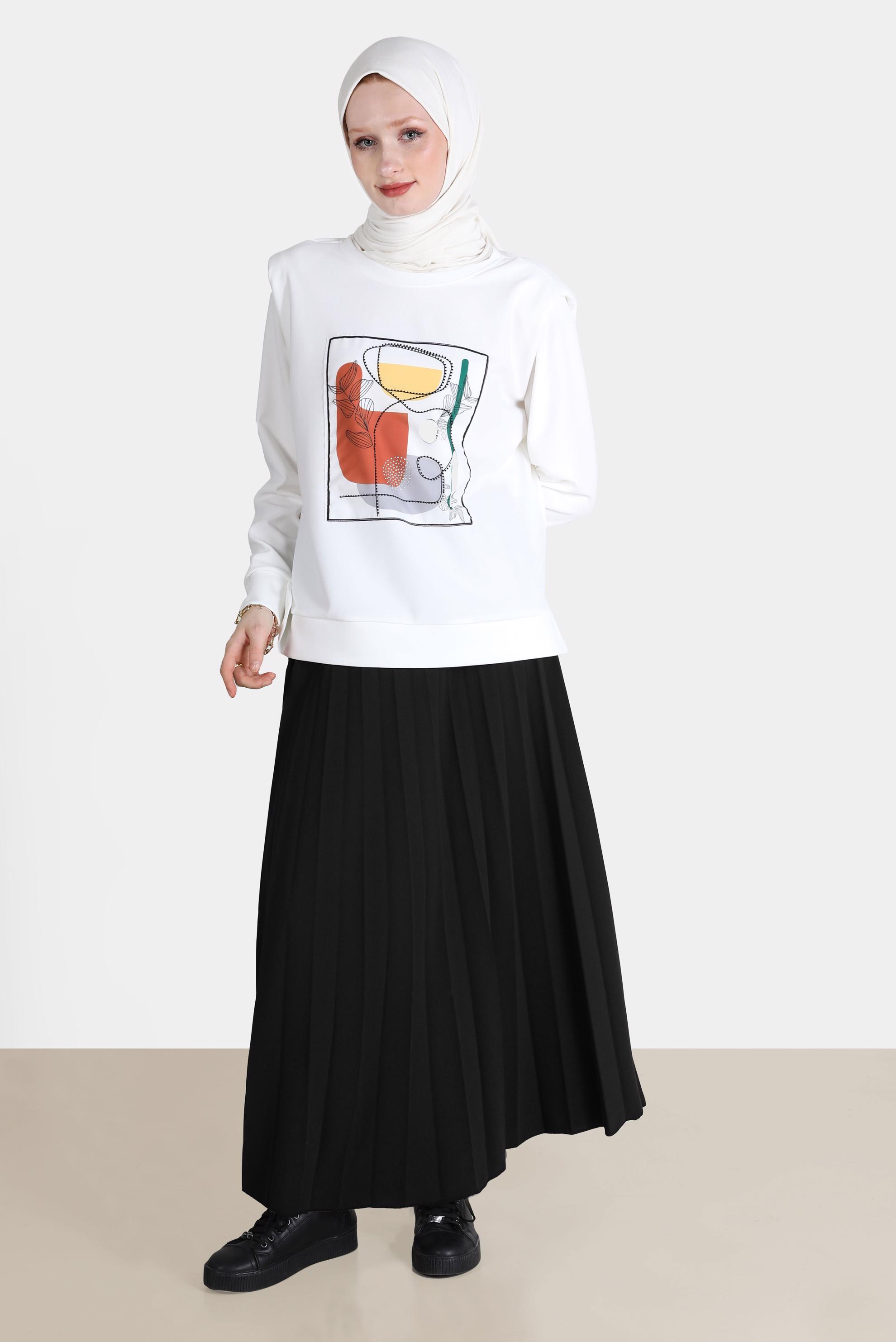 Tesettür giyim SİYAH BASKI DETAYLI İKİLİ ETEKLİ TAKIM 42674 