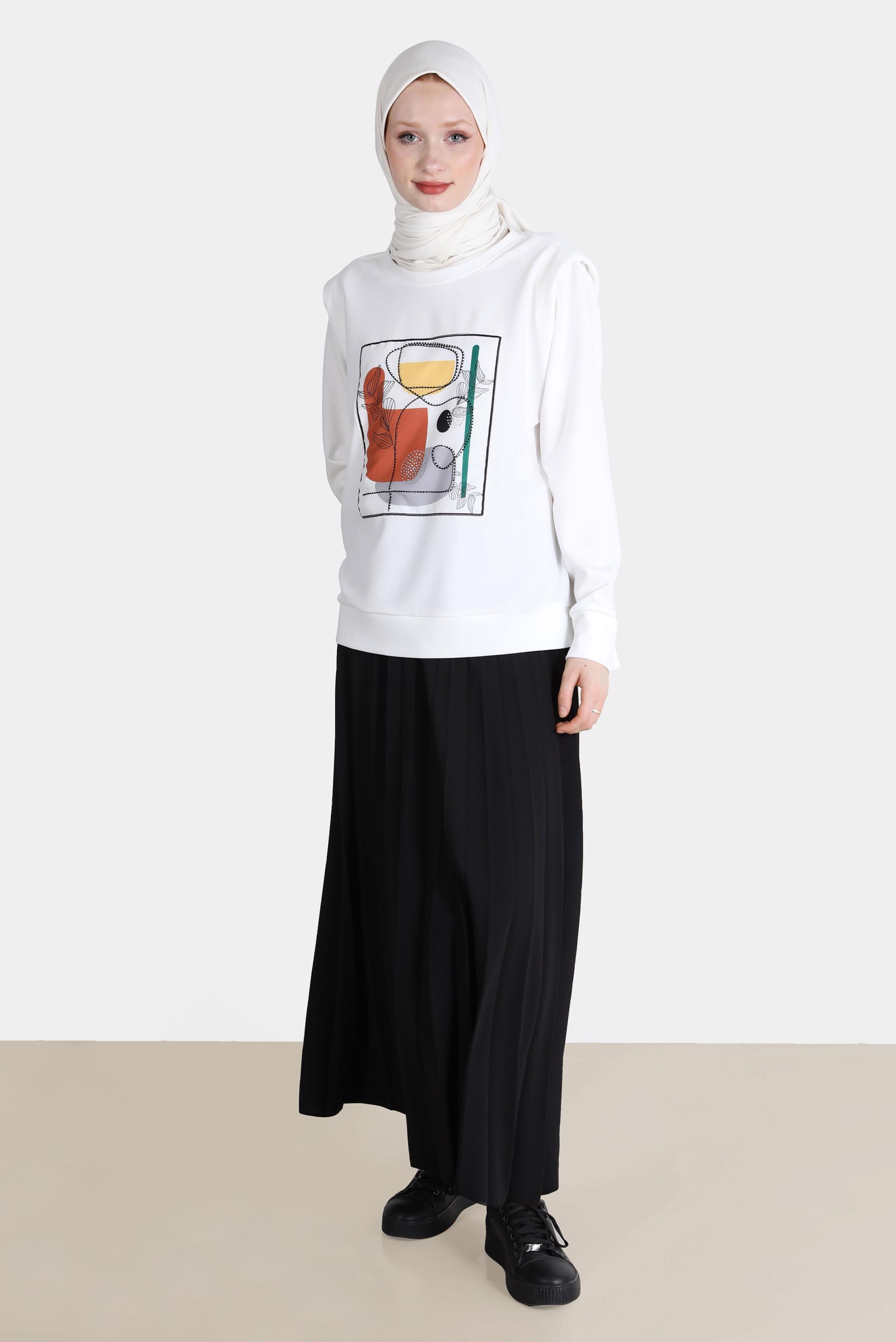 Tesettür giyim SİYAH BASKI DETAYLI İKİLİ ETEKLİ TAKIM 42674 