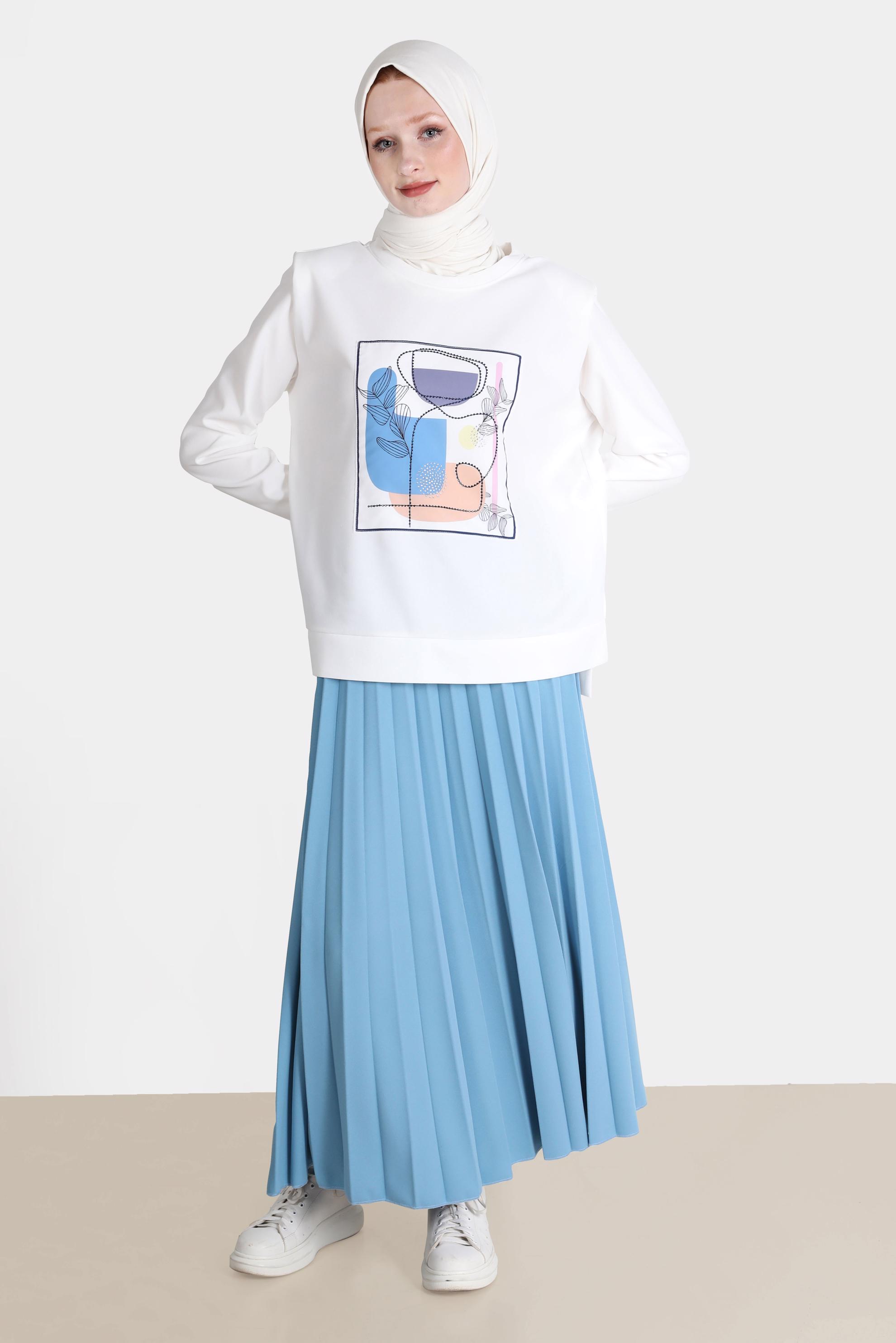 Tesettür giyim MAVİ BASKI DETAYLI İKİLİ ETEKLİ TAKIM 42674 