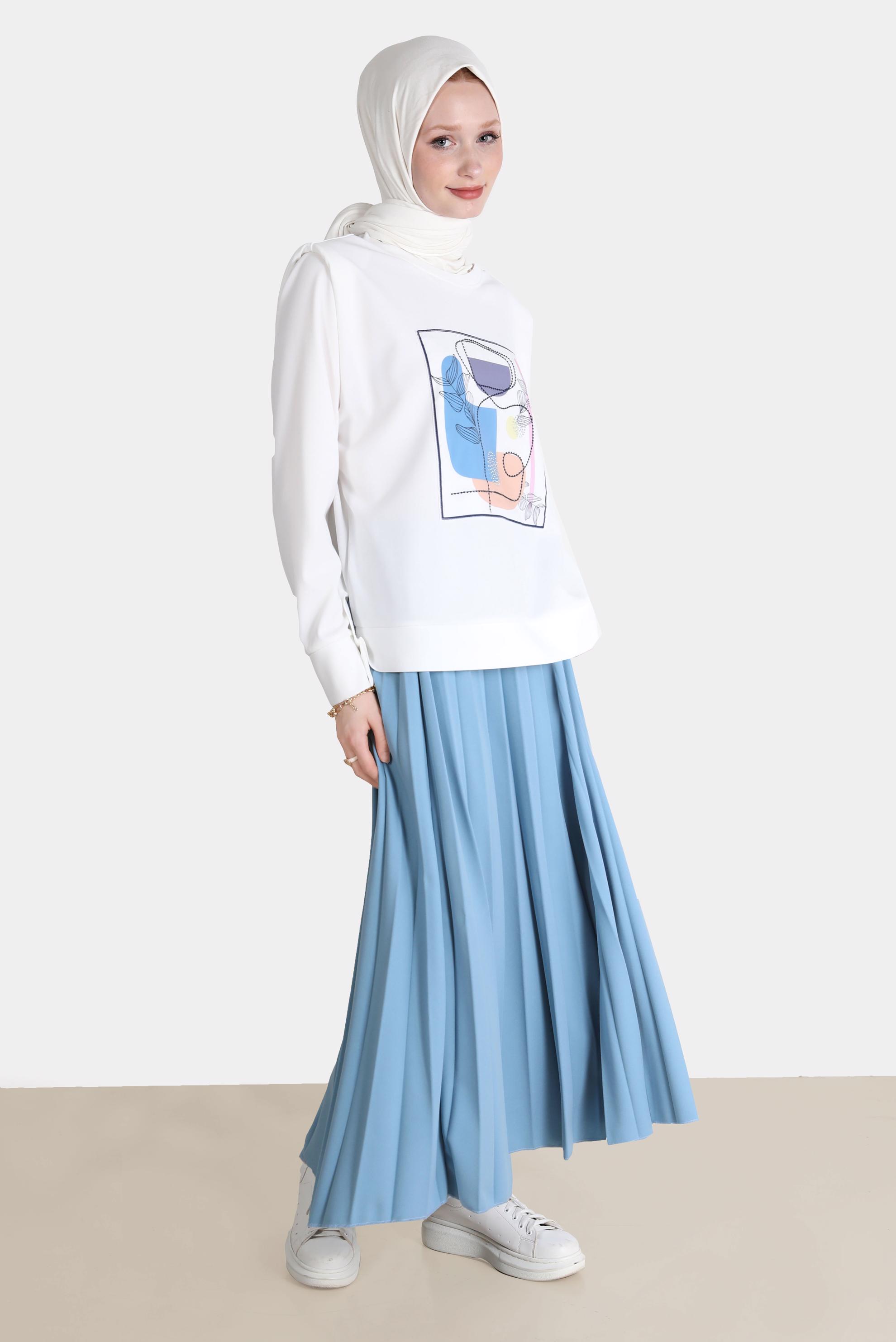 Tesettür giyim MAVİ BASKI DETAYLI İKİLİ ETEKLİ TAKIM 42674 