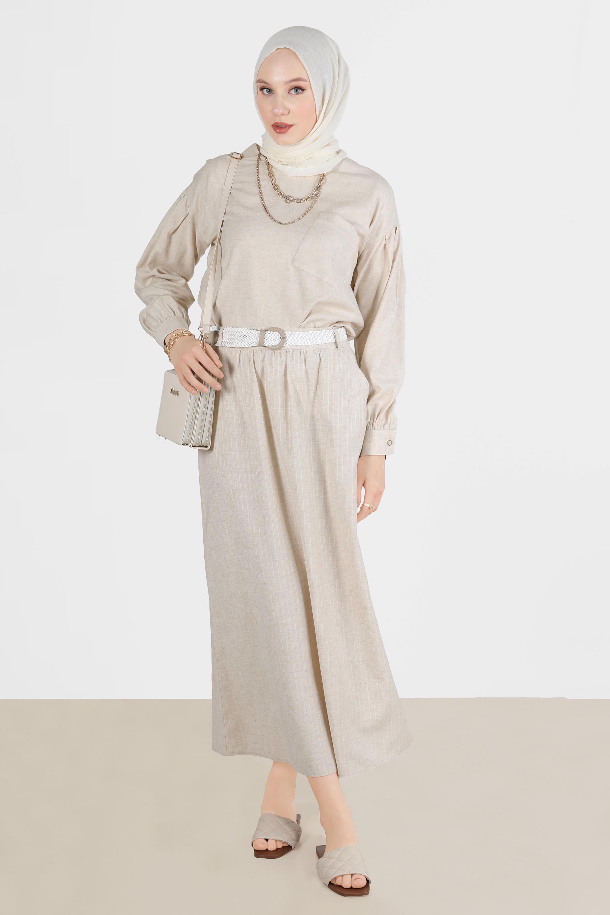 Tesettür giyim BEJ KETEN GÖRÜNÜMLÜ İKİLİ ETEKLİ TAKIM 42686 