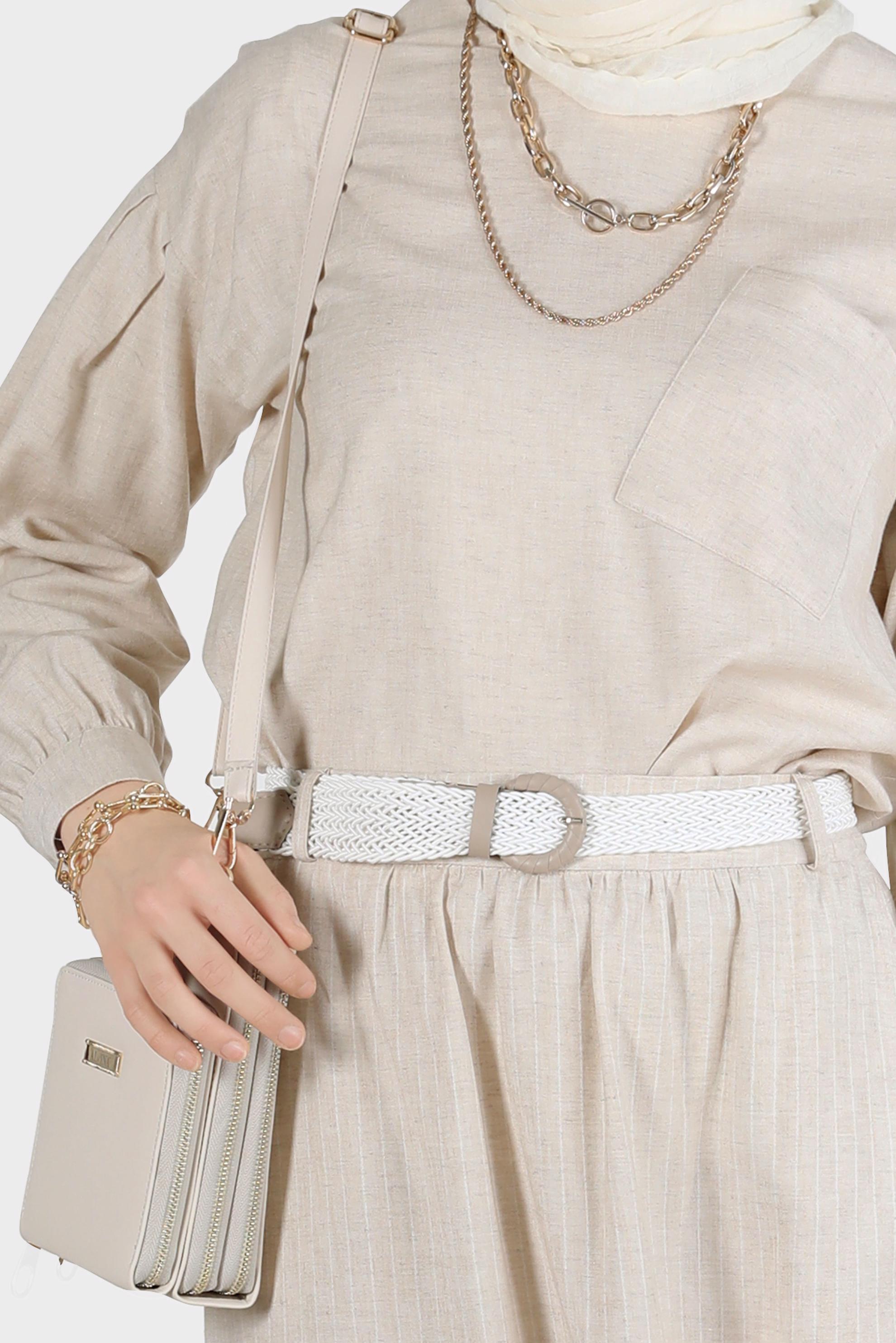 Tesettür giyim BEJ KETEN GÖRÜNÜMLÜ İKİLİ ETEKLİ TAKIM 42686 