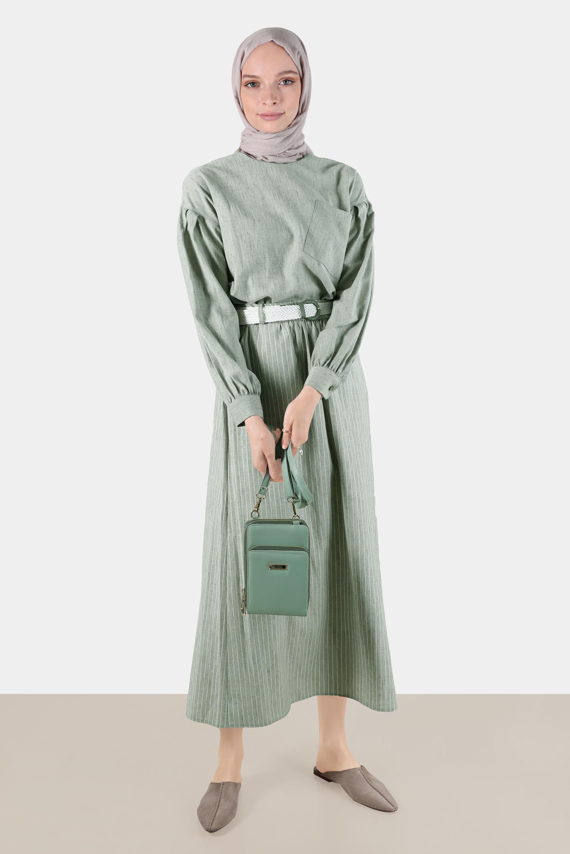 Tesettür giyim HAKİ KETEN GÖRÜNÜMLÜ İKİLİ ETEKLİ TAKIM 42686 