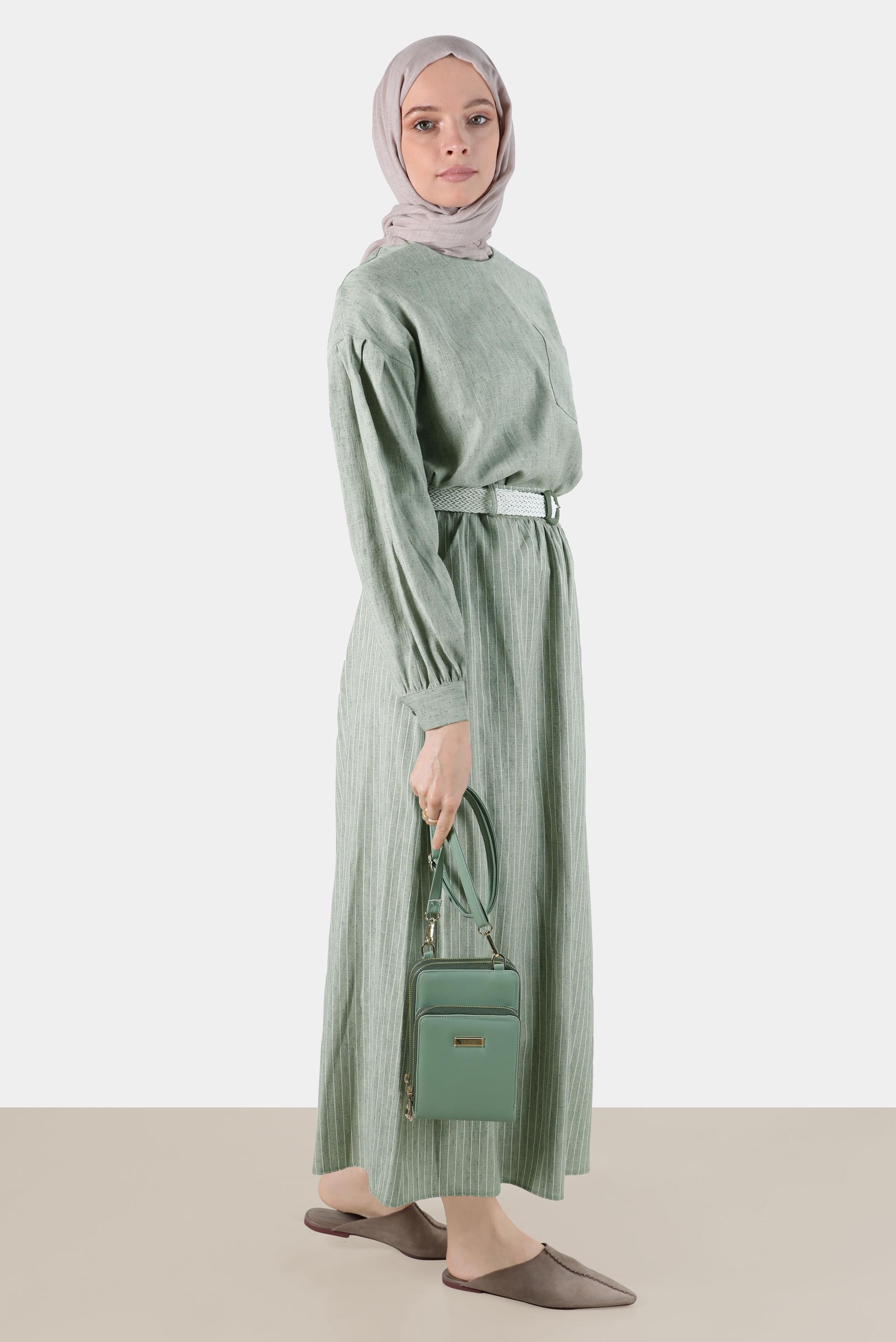 Tesettür giyim HAKİ KETEN GÖRÜNÜMLÜ İKİLİ ETEKLİ TAKIM 42686 