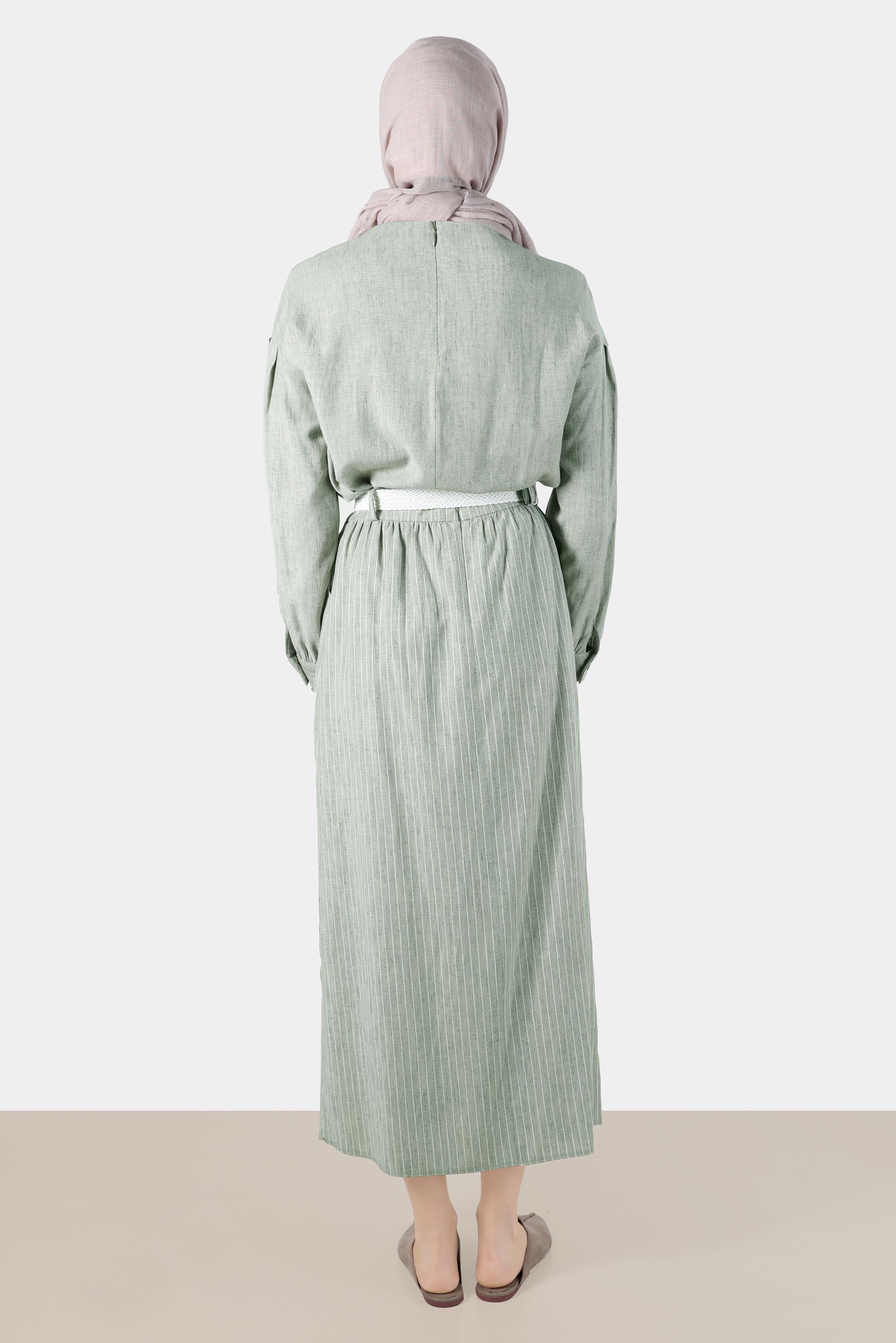 Tesettür giyim HAKİ KETEN GÖRÜNÜMLÜ İKİLİ ETEKLİ TAKIM 42686 