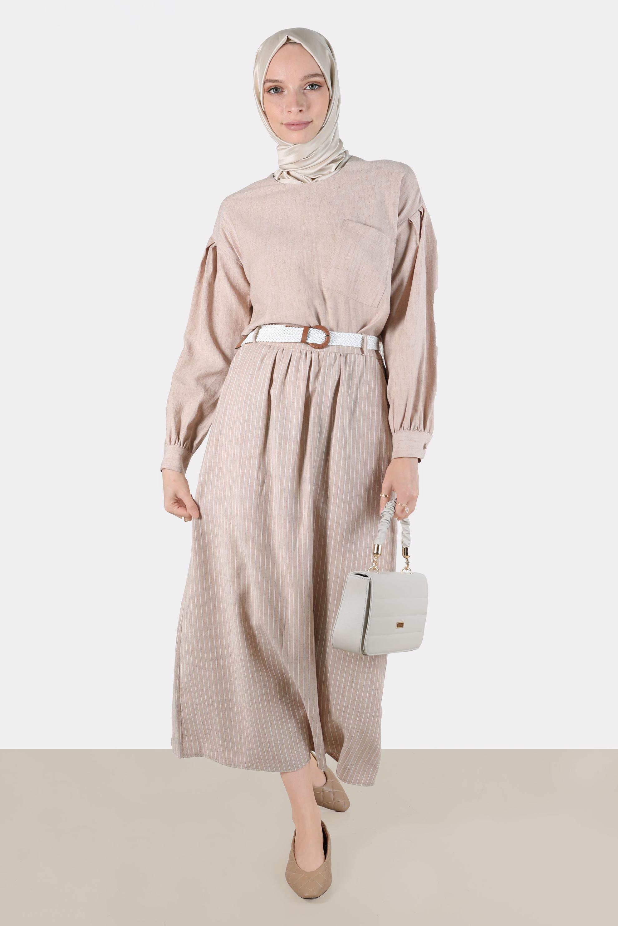 Tesettür giyim VİZON KETEN GÖRÜNÜMLÜ İKİLİ ETEKLİ TAKIM 42686 