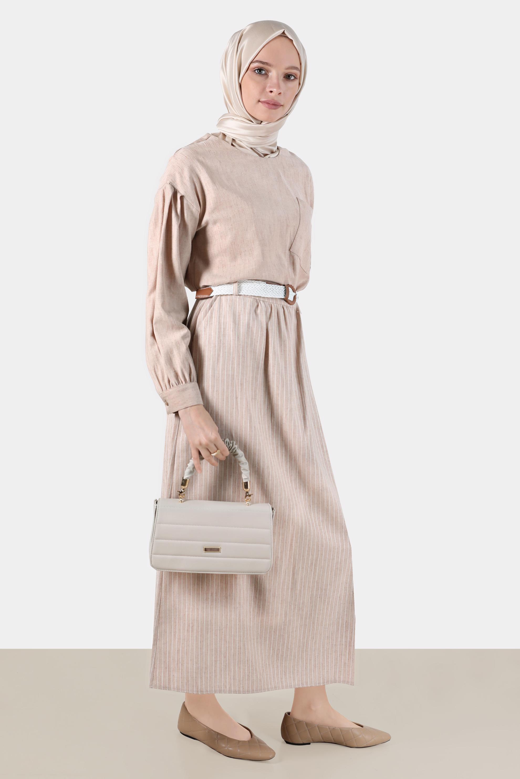 Tesettür giyim VİZON KETEN GÖRÜNÜMLÜ İKİLİ ETEKLİ TAKIM 42686 