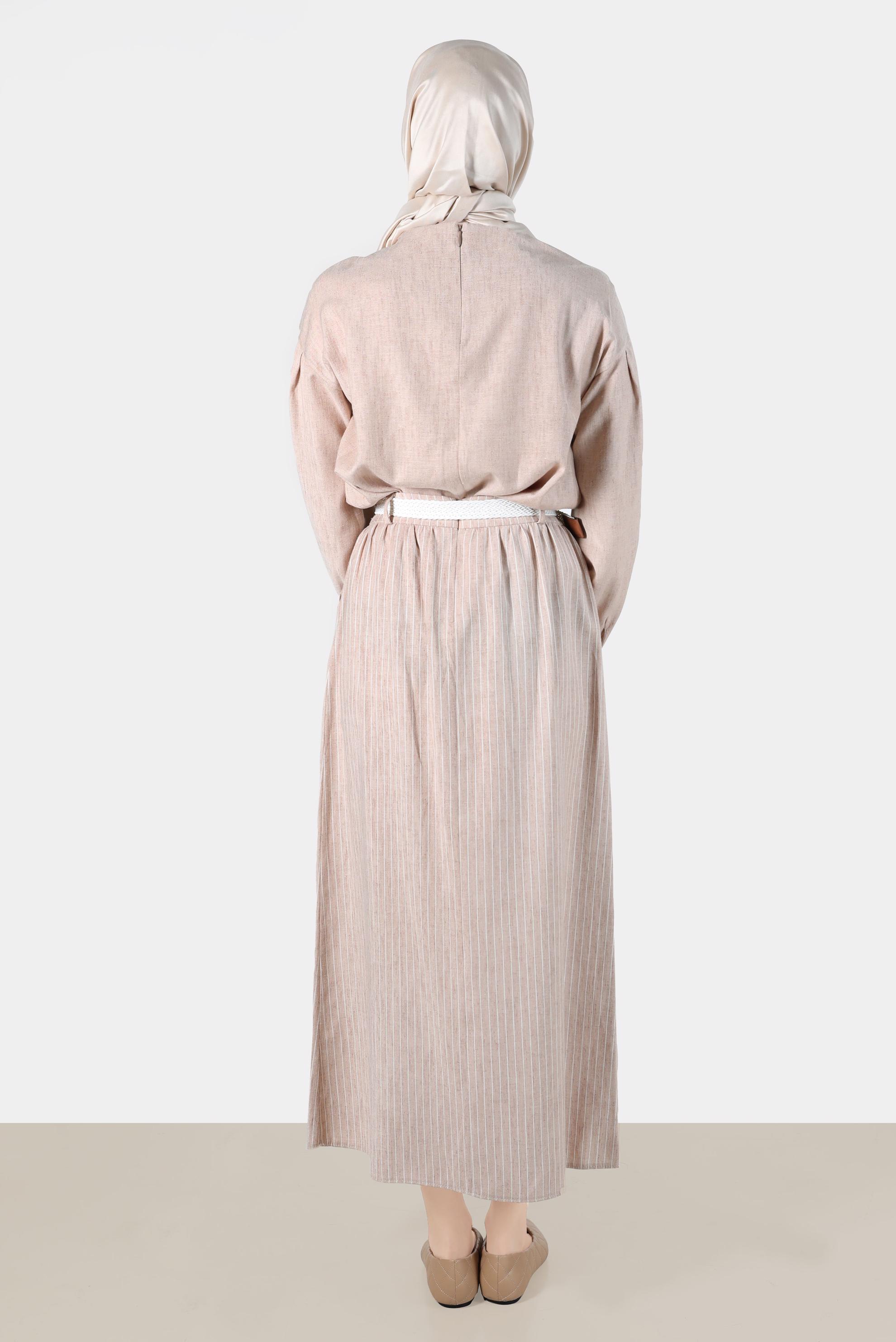 Tesettür giyim VİZON KETEN GÖRÜNÜMLÜ İKİLİ ETEKLİ TAKIM 42686 