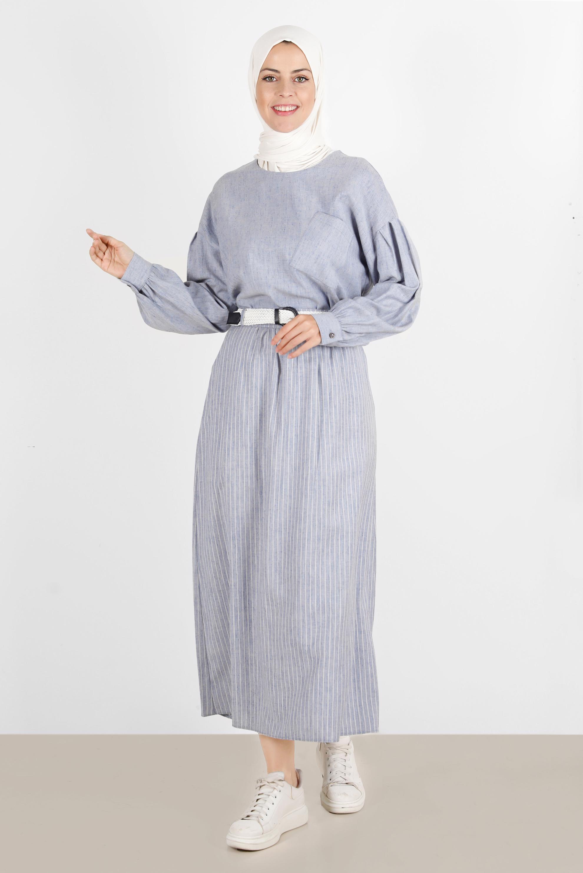 Tesettür giyim LACİVERT KETEN GÖRÜNÜMLÜ İKİLİ ETEKLİ TAKIM 42686 