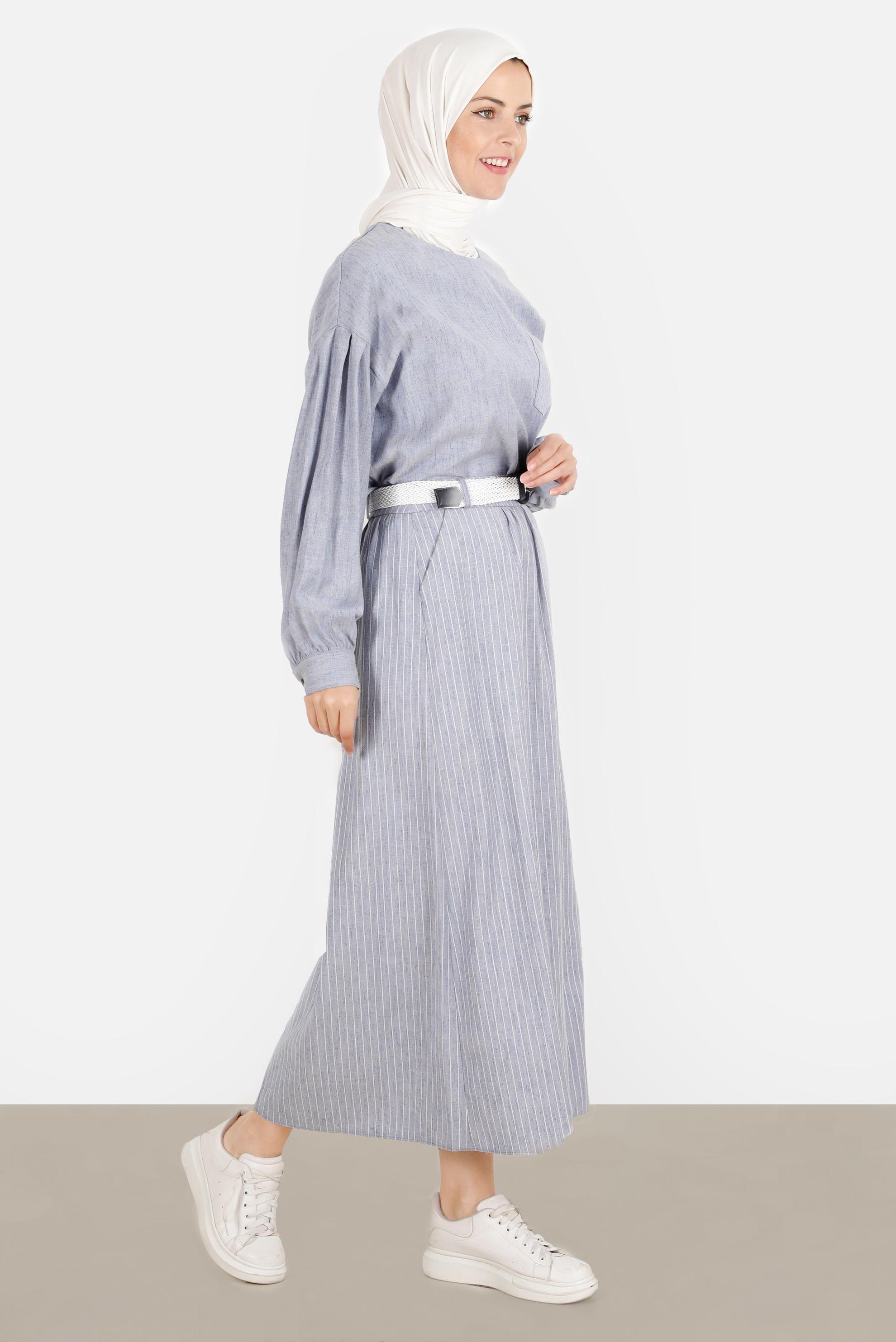 Tesettür giyim LACİVERT KETEN GÖRÜNÜMLÜ İKİLİ ETEKLİ TAKIM 42686 