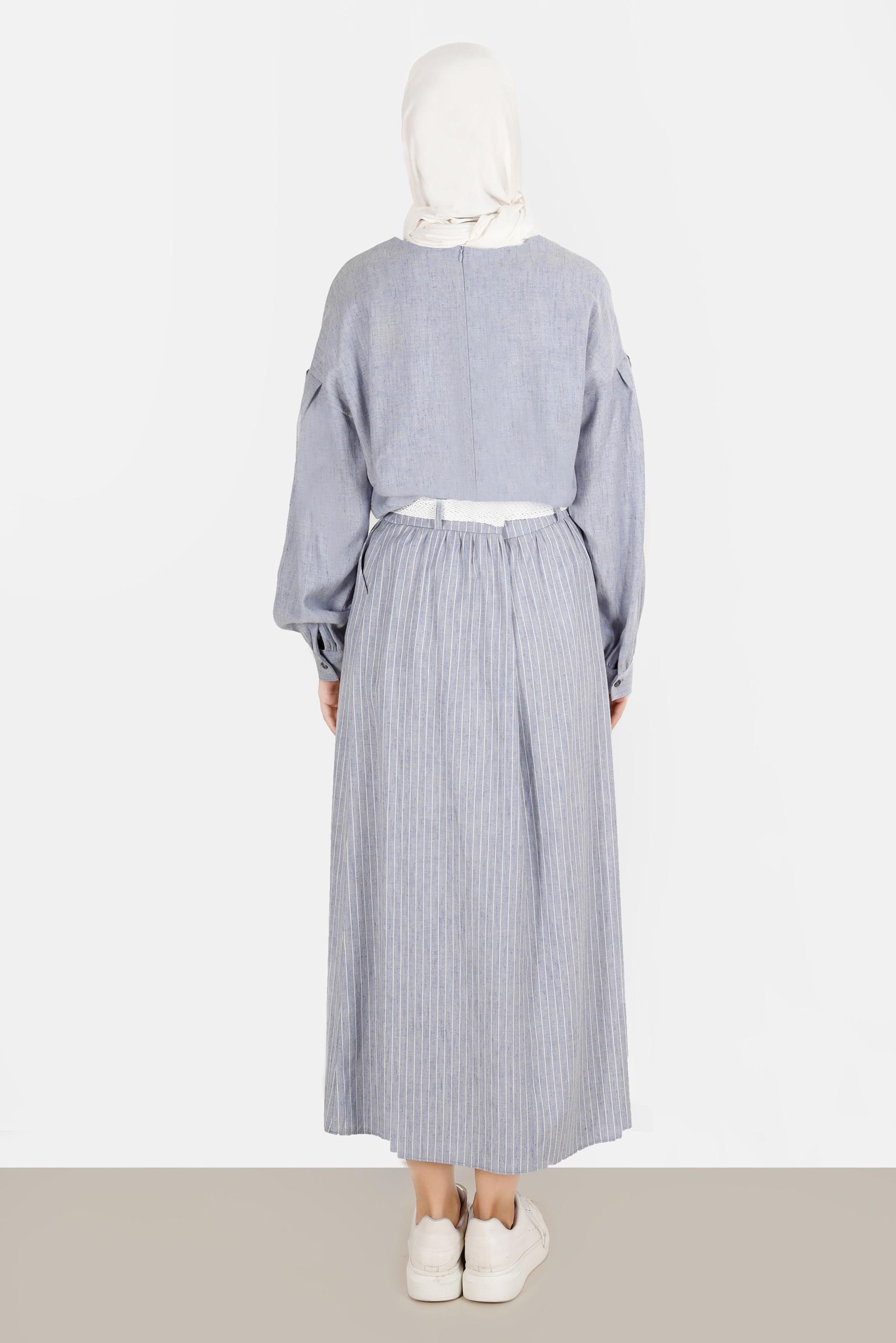 Tesettür giyim LACİVERT KETEN GÖRÜNÜMLÜ İKİLİ ETEKLİ TAKIM 42686 