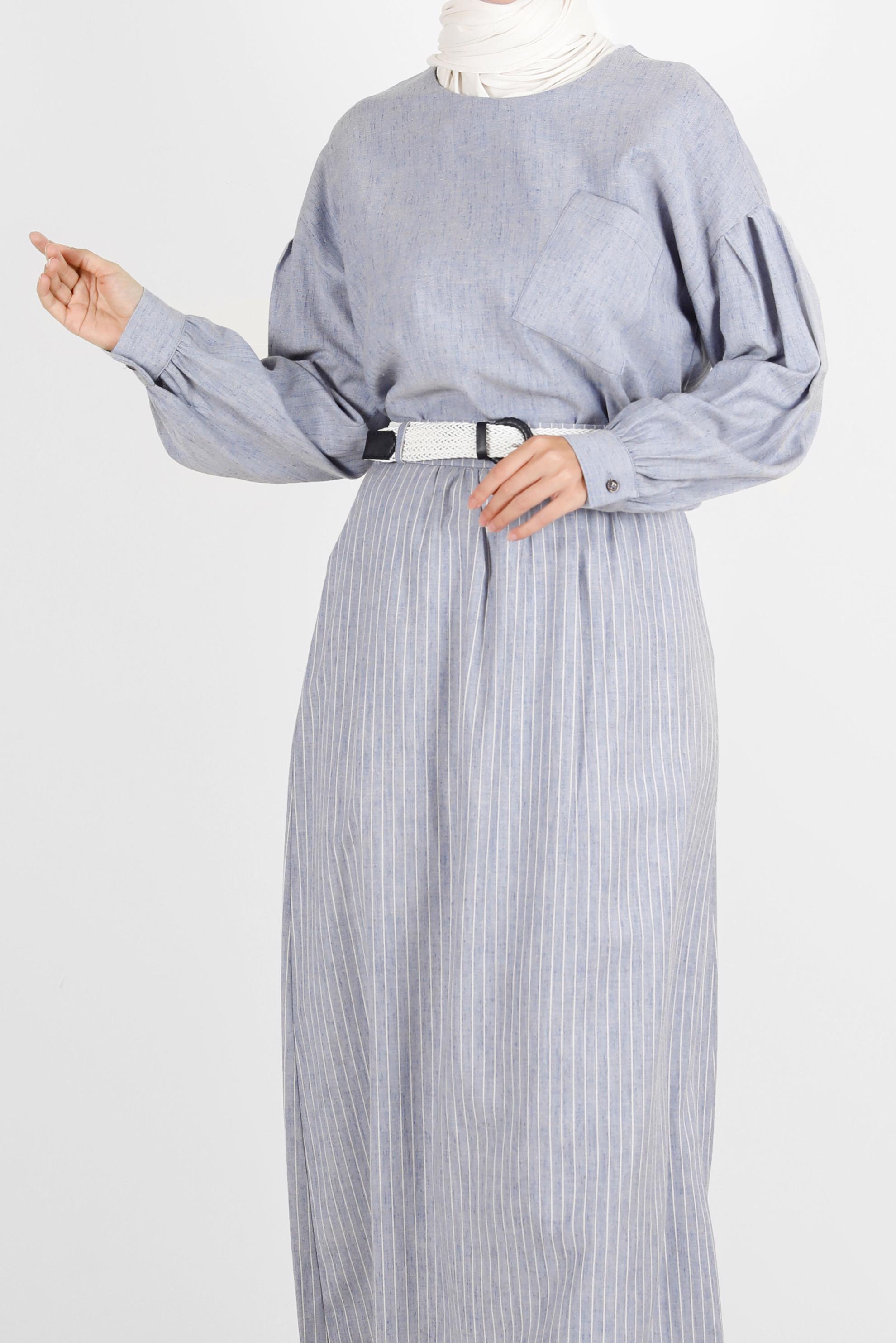 Tesettür giyim LACİVERT KETEN GÖRÜNÜMLÜ İKİLİ ETEKLİ TAKIM 42686 