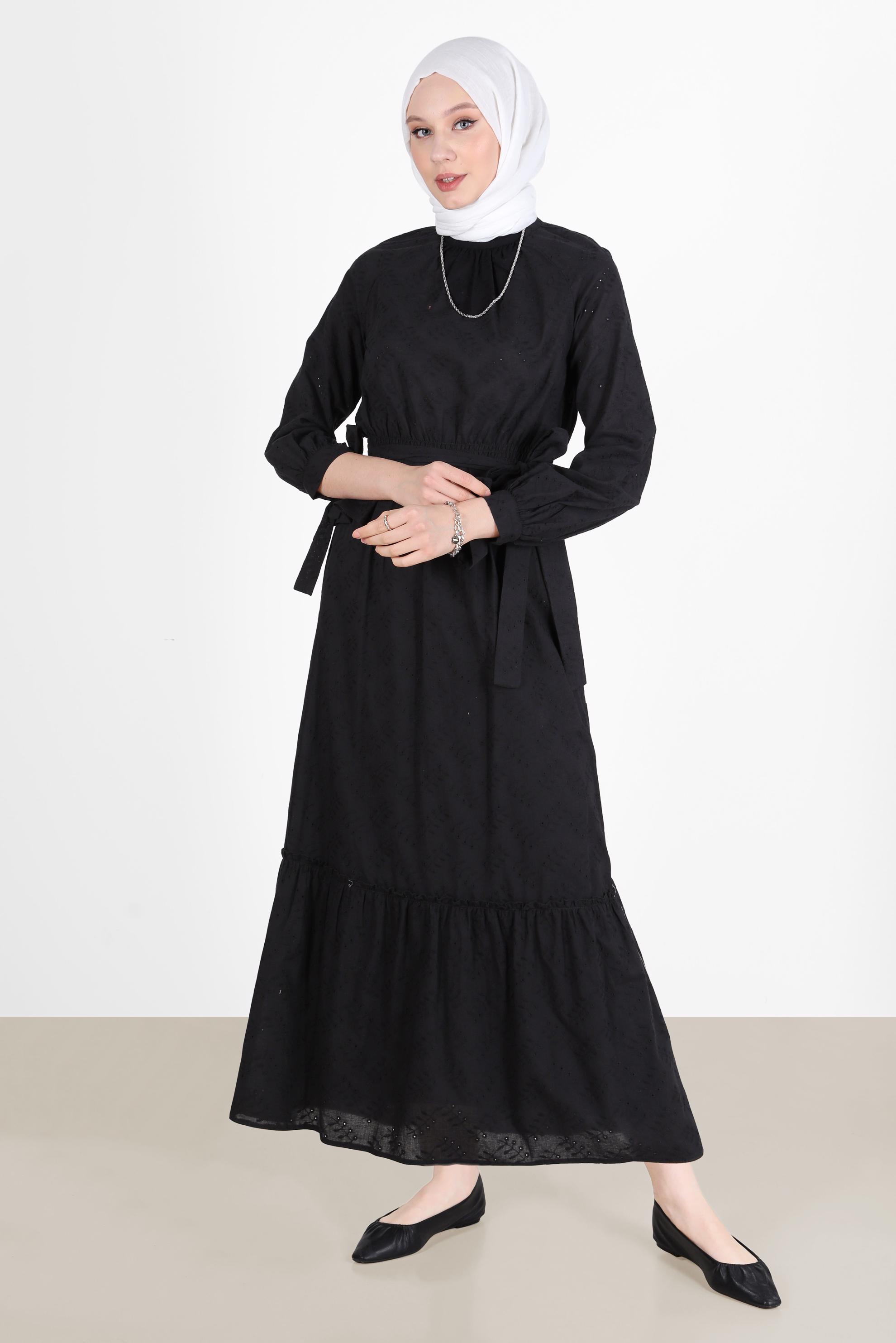 Tesettür giyim SİYAH BELİ BÜZGÜLÜ KUŞAKLI FİSTOLU İKİLİ ETEKLİ TAKIM 42707 