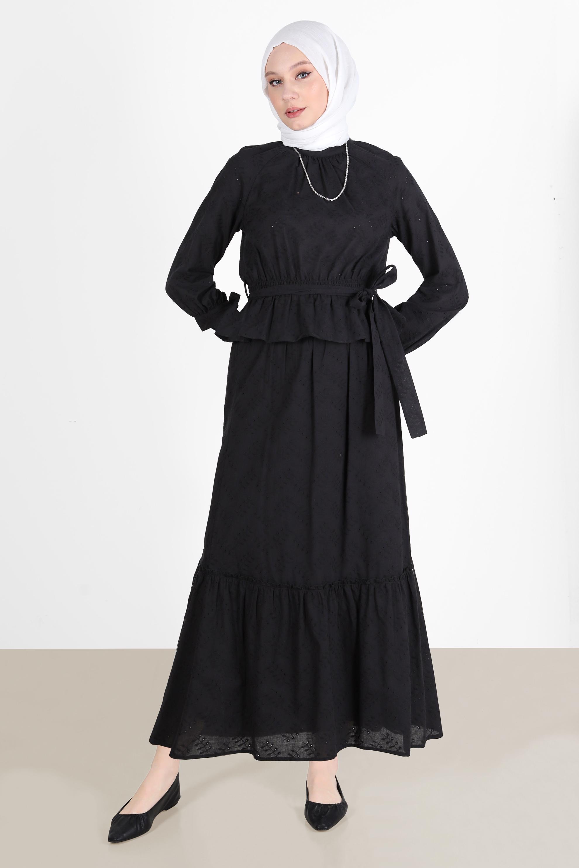 Tesettür giyim SİYAH BELİ BÜZGÜLÜ KUŞAKLI FİSTOLU İKİLİ ETEKLİ TAKIM 42707 