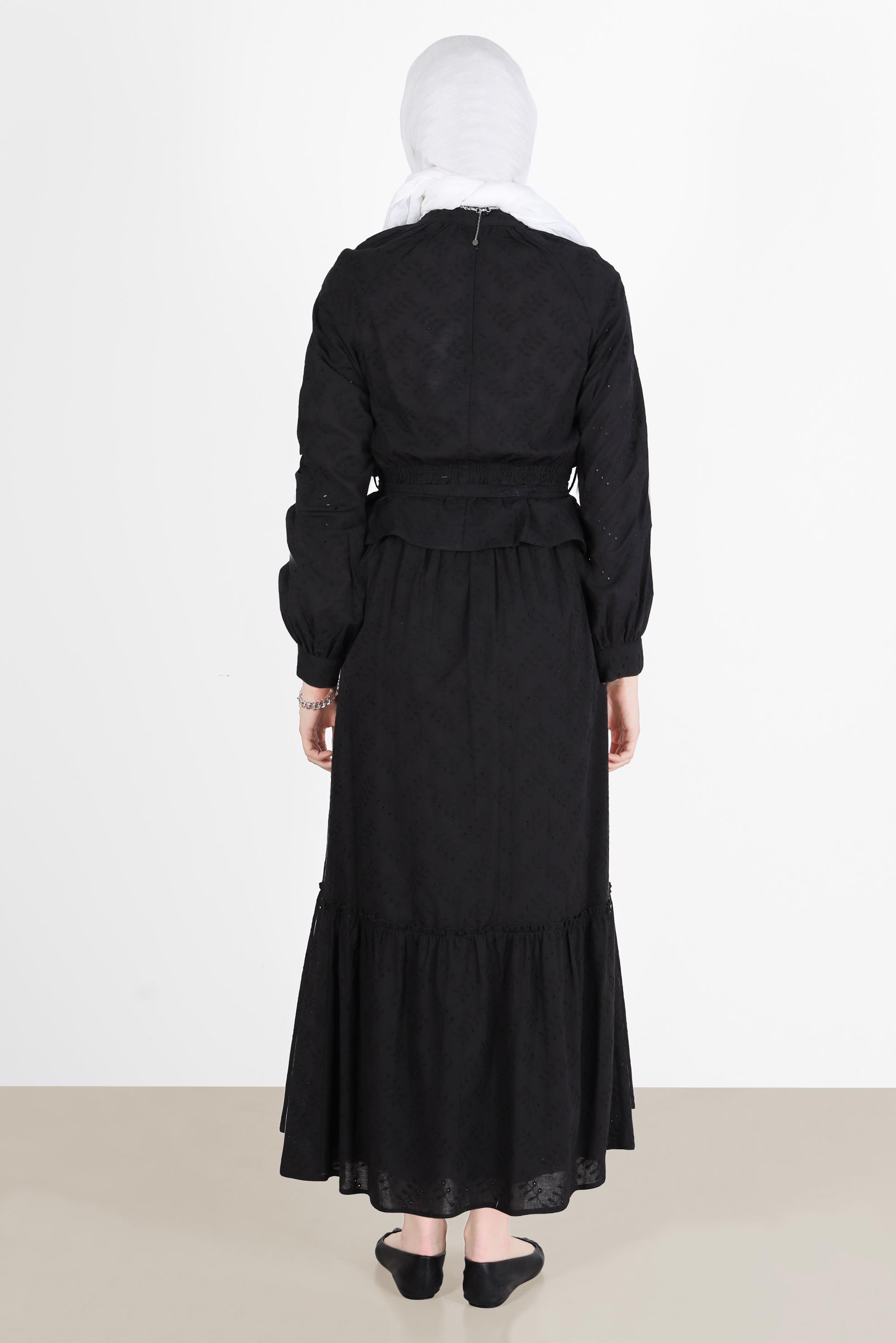 Tesettür giyim SİYAH BELİ BÜZGÜLÜ KUŞAKLI FİSTOLU İKİLİ ETEKLİ TAKIM 42707 