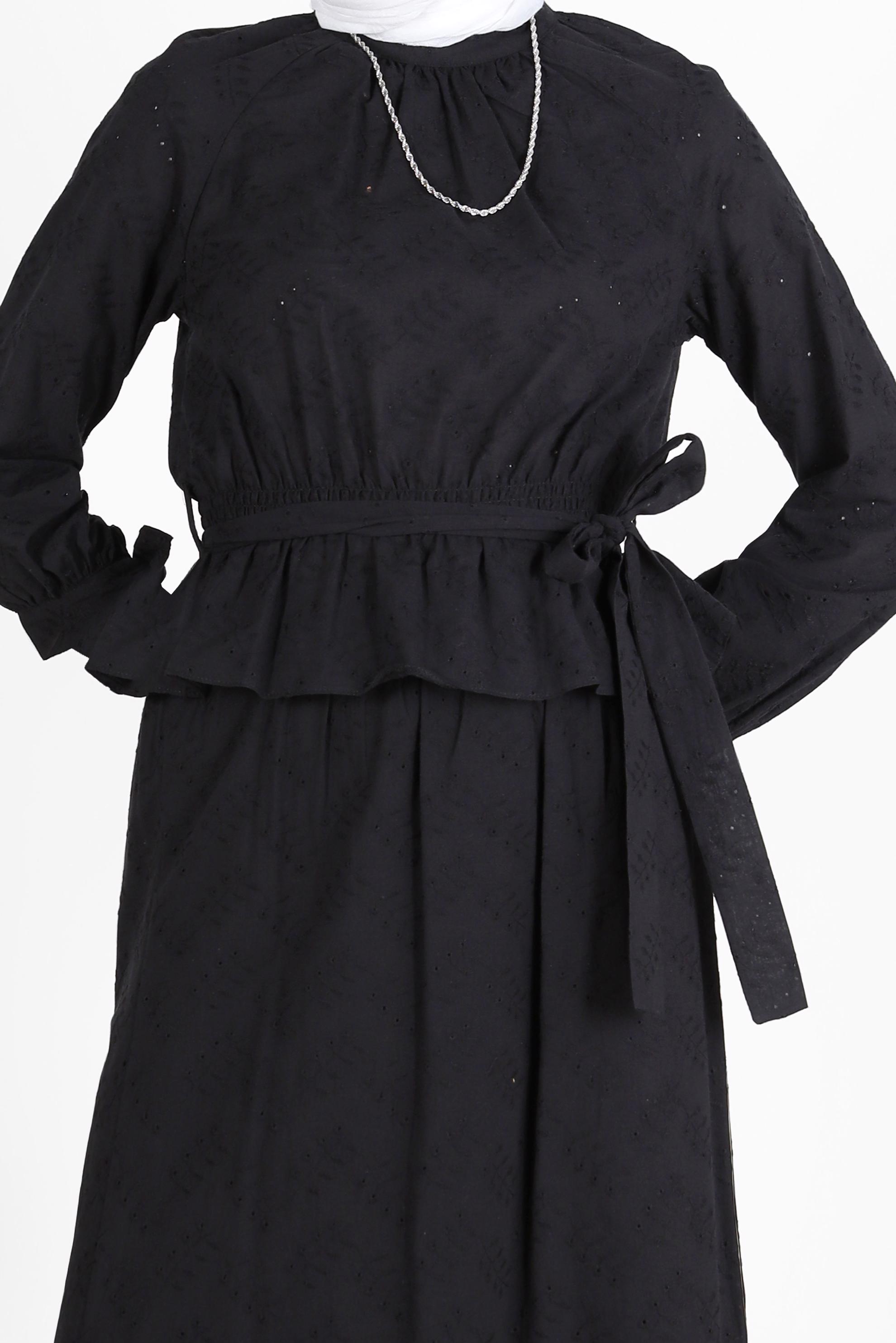 Tesettür giyim SİYAH BELİ BÜZGÜLÜ KUŞAKLI FİSTOLU İKİLİ ETEKLİ TAKIM 42707 