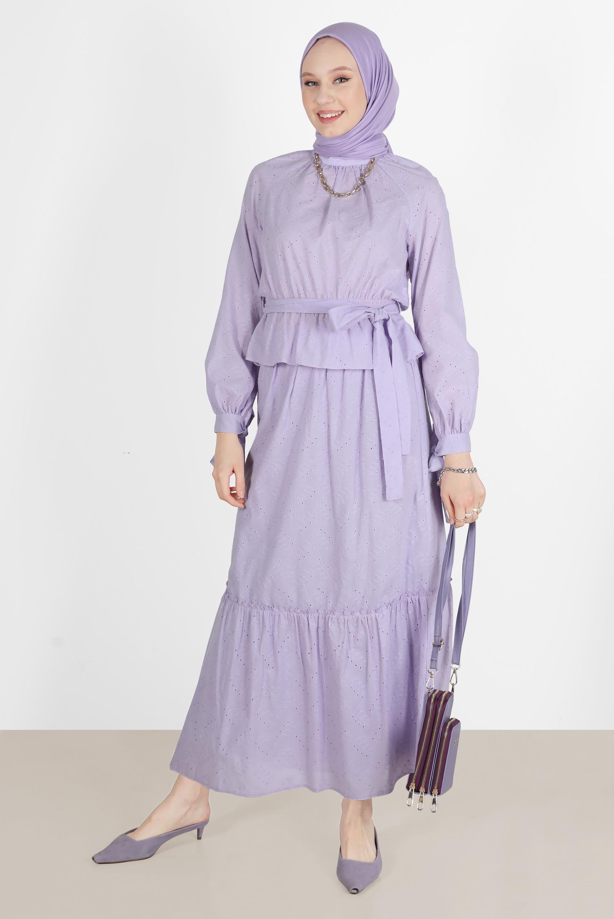 Tesettür giyim MOR BELİ BÜZGÜLÜ KUŞAKLI FİSTOLU İKİLİ ETEKLİ TAKIM 42707 